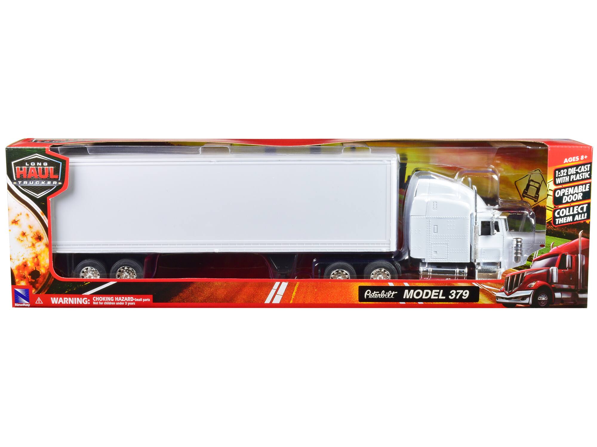 LONG HAUL TRUCKER  
AGES 8+  
1:32 DIE-CAST WITH PLASTIC OPENABLE DOOR  
COLLECT THEM ALL!  
MODEL 379  
PETERBILT  

WARNING: CHOKING HAZARD - Small parts. Not for children under 3 years.