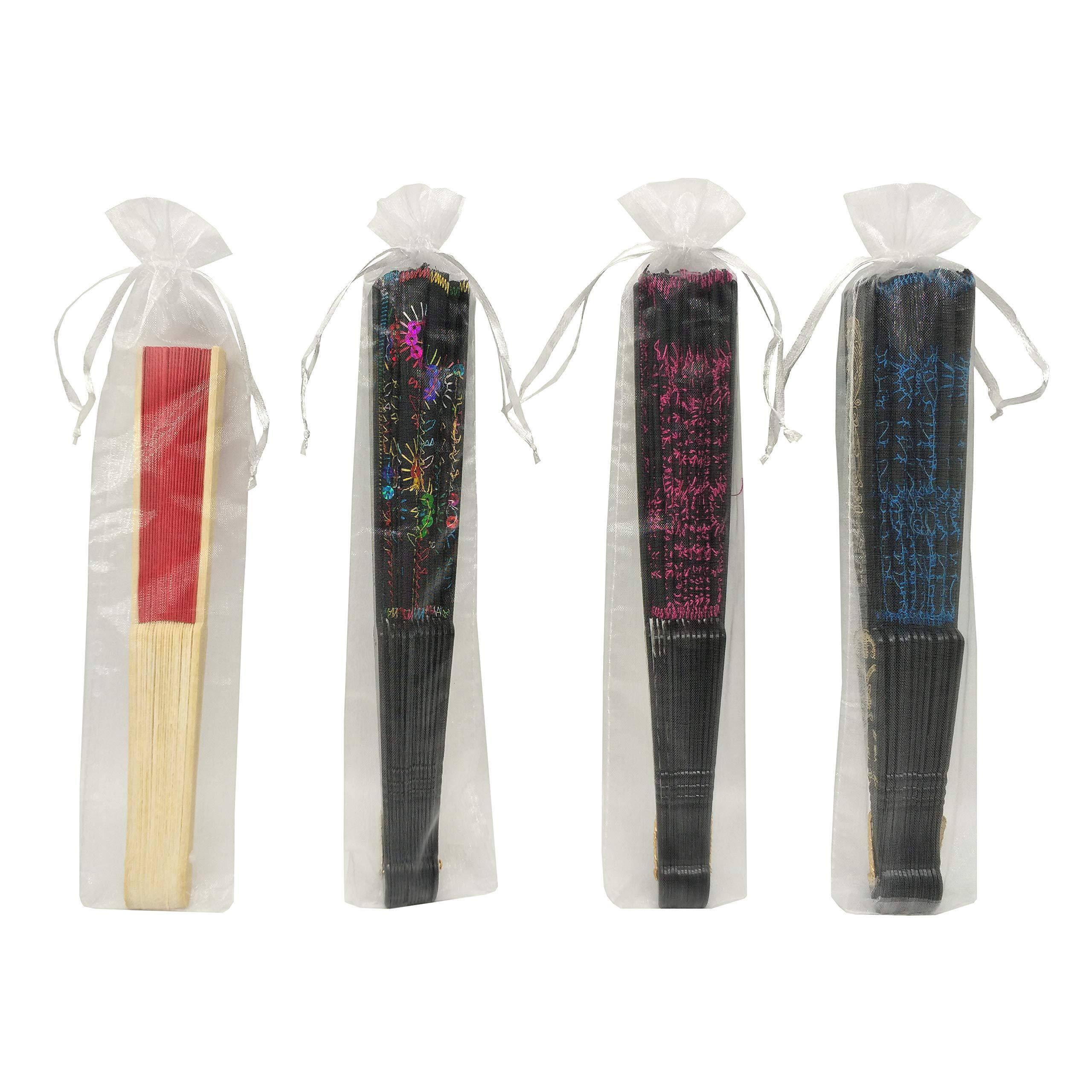 Paradigms Interiors - Sheer Fan Organza Bags 2 6 Inch Folding Gift Bag Pouch With Drawstring Silk Pouches For Hand Fans wine Red - White