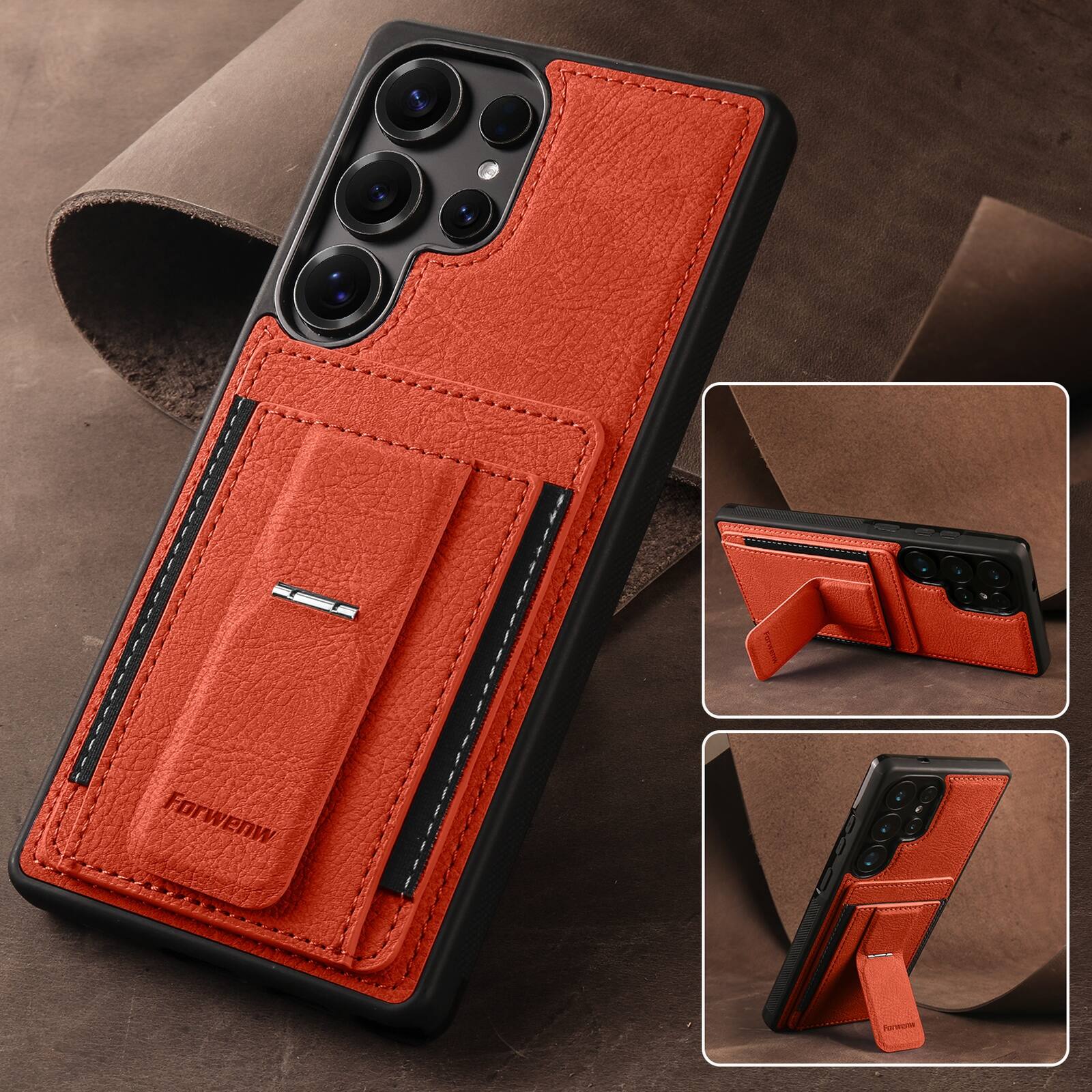 Left. Dteck - Slim Card Holder Case for Samsung Galaxy S26 Ultra, Shockproof Wallet Protective Cover with Kickstand - Orange.