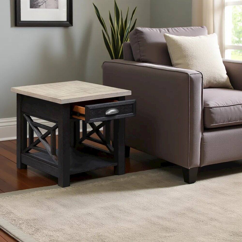 Left. Starlight Canyon Home - Black Farmhouse End Table – Square Side Table for Living Room with Drawer - Black.