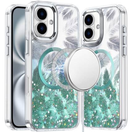 Front. Kitcheniva - Feathers Glitter Magnetic Circle Phone Case With Tempered Glass For iPhone 16 Light Green - Light Green.