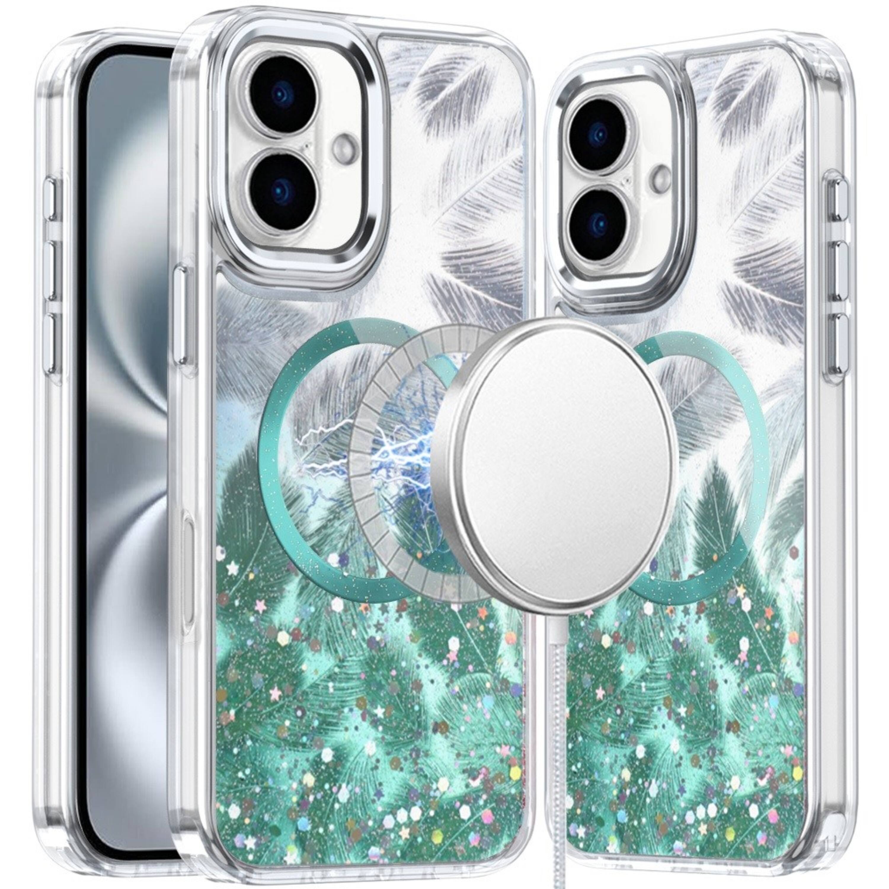 Front. Kitcheniva - Feathers Glitter Magnetic Circle Phone Case With Tempered Glass For iPhone 16 Light Green - Light Green.
