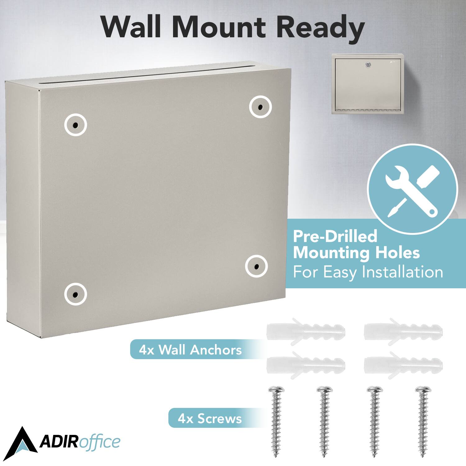 Wall Mount Ready, Pre-Drilled Mounting Holes For Easy Installation, 4x Wall Anchors, 4x Screws, ADIRoffice