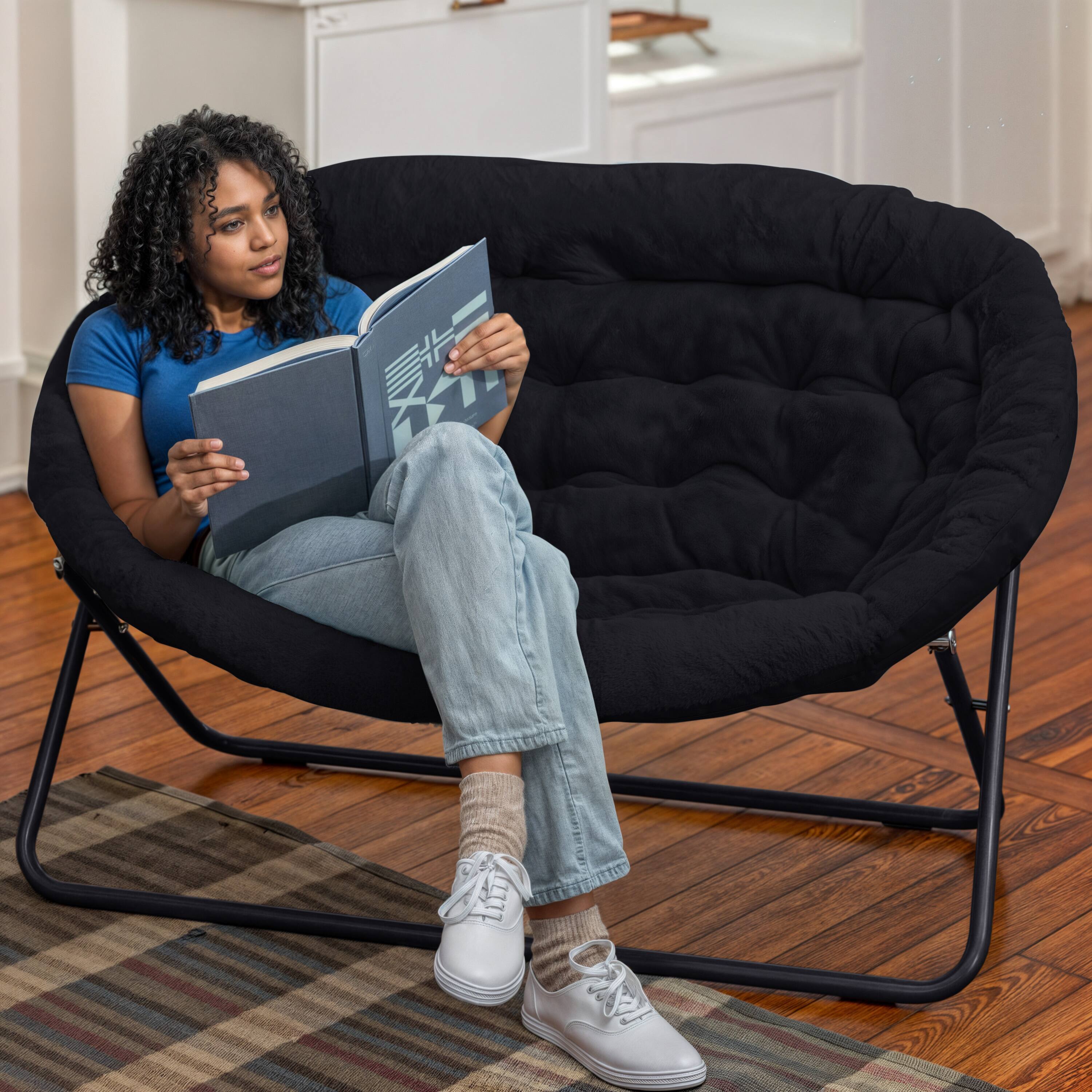 Alt View 3. Emma + Oliver - Janey Folding Double Saucer Chair with Steel Frame for Dorm, Living Room, or Bedroom - Black Fabric/Black Frame.