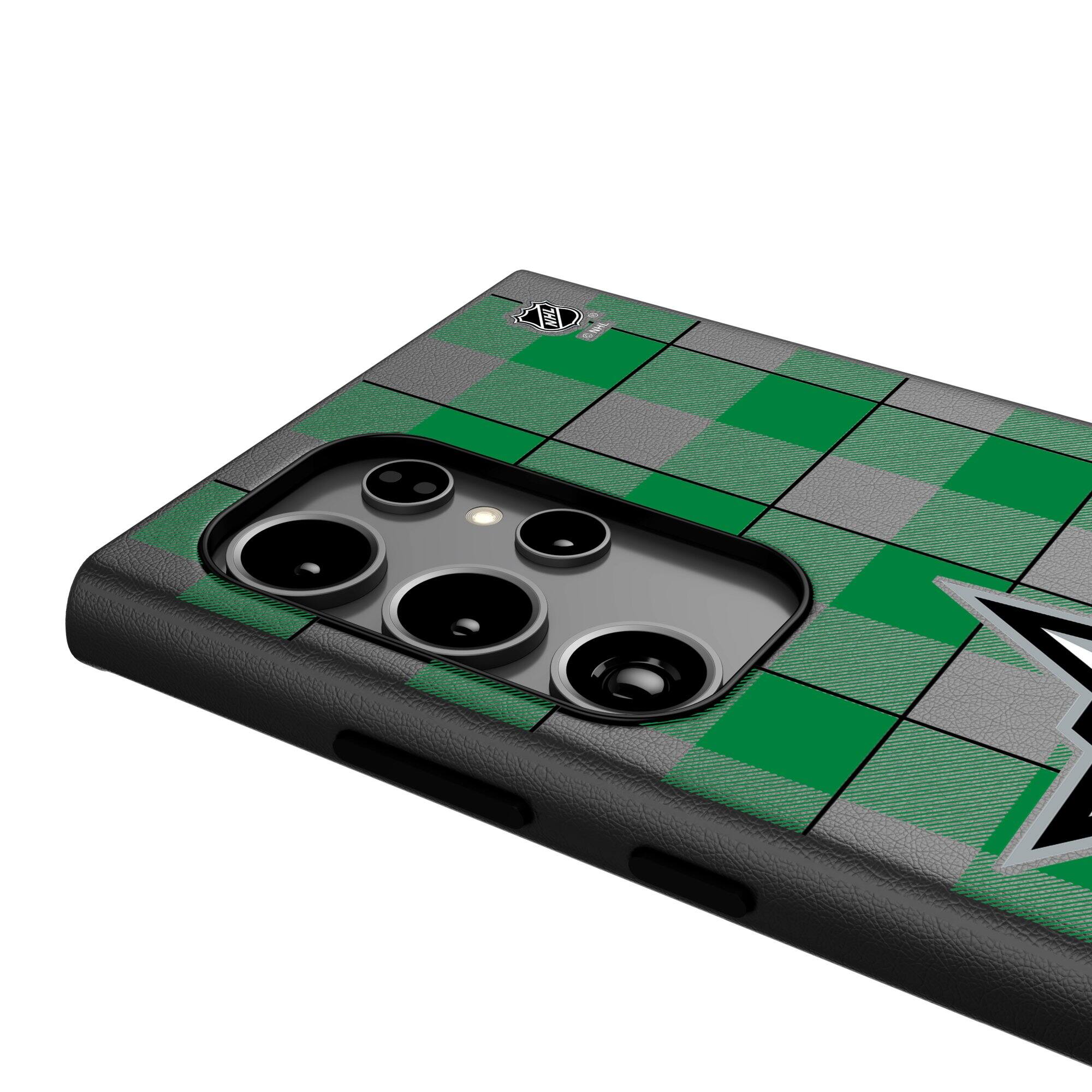 Alt View 3. Keyscaper - Dallas Stars Plaid Galaxy Magnetic Bump Case - S24 Ultra - Black.