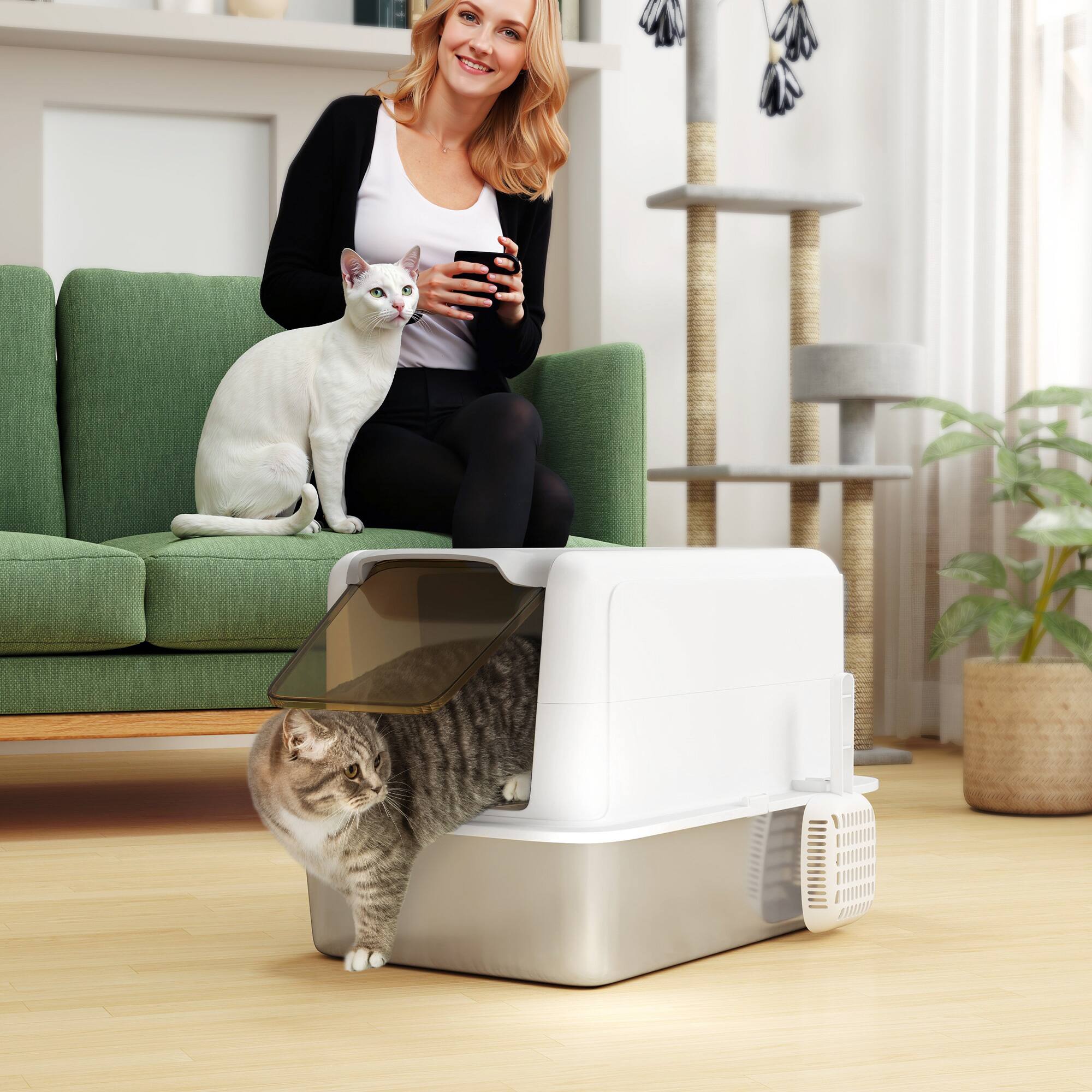 Alt View 1. Pawhut - in 1 Stainless Steel Cat Litter Box with Removable Lid, Scoop, Filter Bags - White.