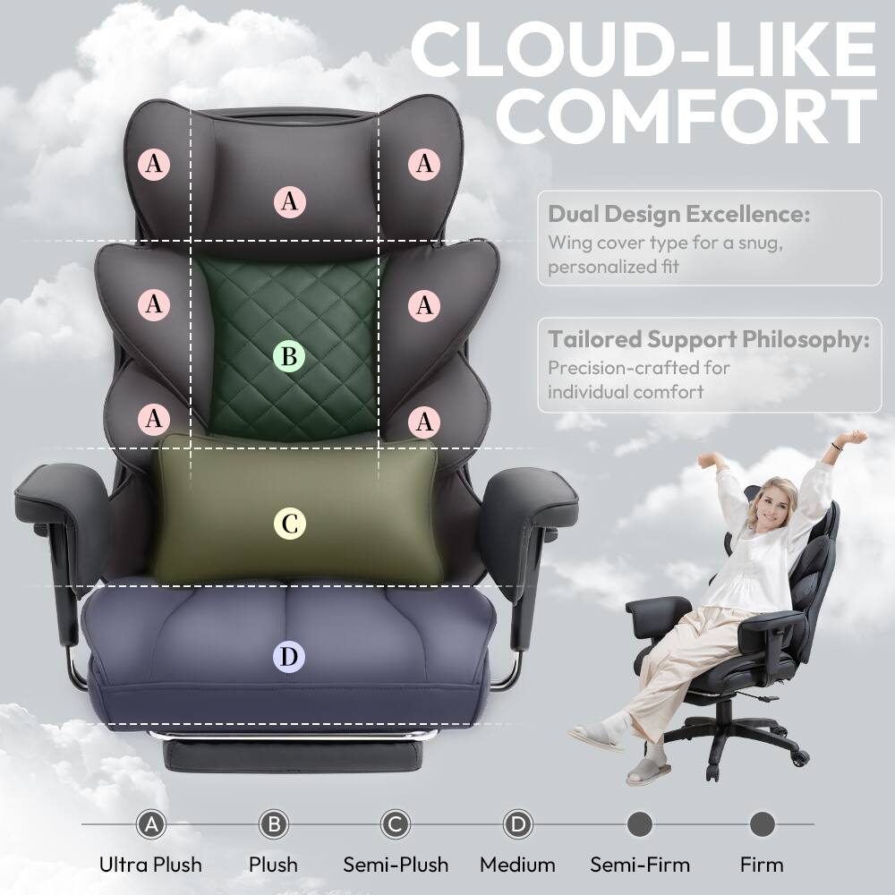 CLOUD-LIKE COMFORT

Dual Design Excellence: Wing cover type for a snug, personalized fit

Tailored Support Philosophy: Precision-crafted for individual comfort

A: Ultra Plush  
B: Plush  
C: Semi-Plush  
D: Medium  
E: Semi-Firm  
F: Firm