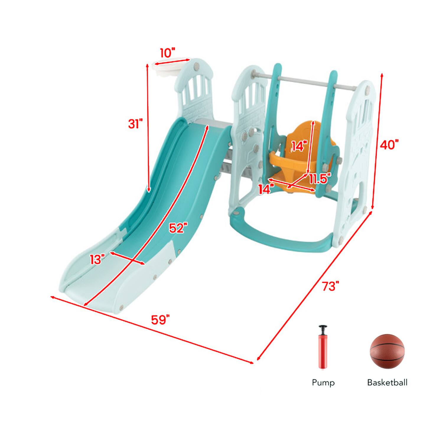 10" 31" 14" 40" 14" 11.5" 52" 13" 73" 59" Pump Basketball