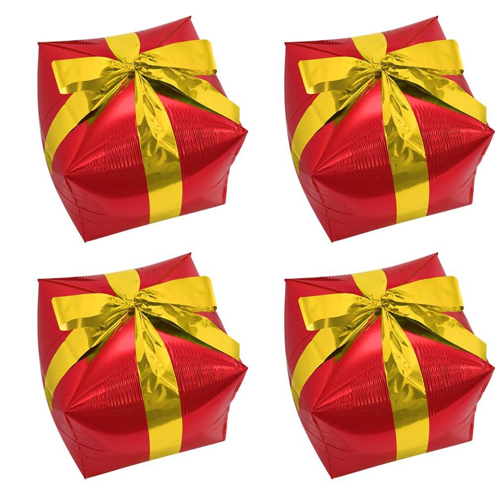 Front. Vulpecula Spade - Decoration Red 4 Pack Christmas Happy Cube Gifts Box Party Balloon With Gold Ribbon, Aluminum Mylar Present Square Xmas - Red.