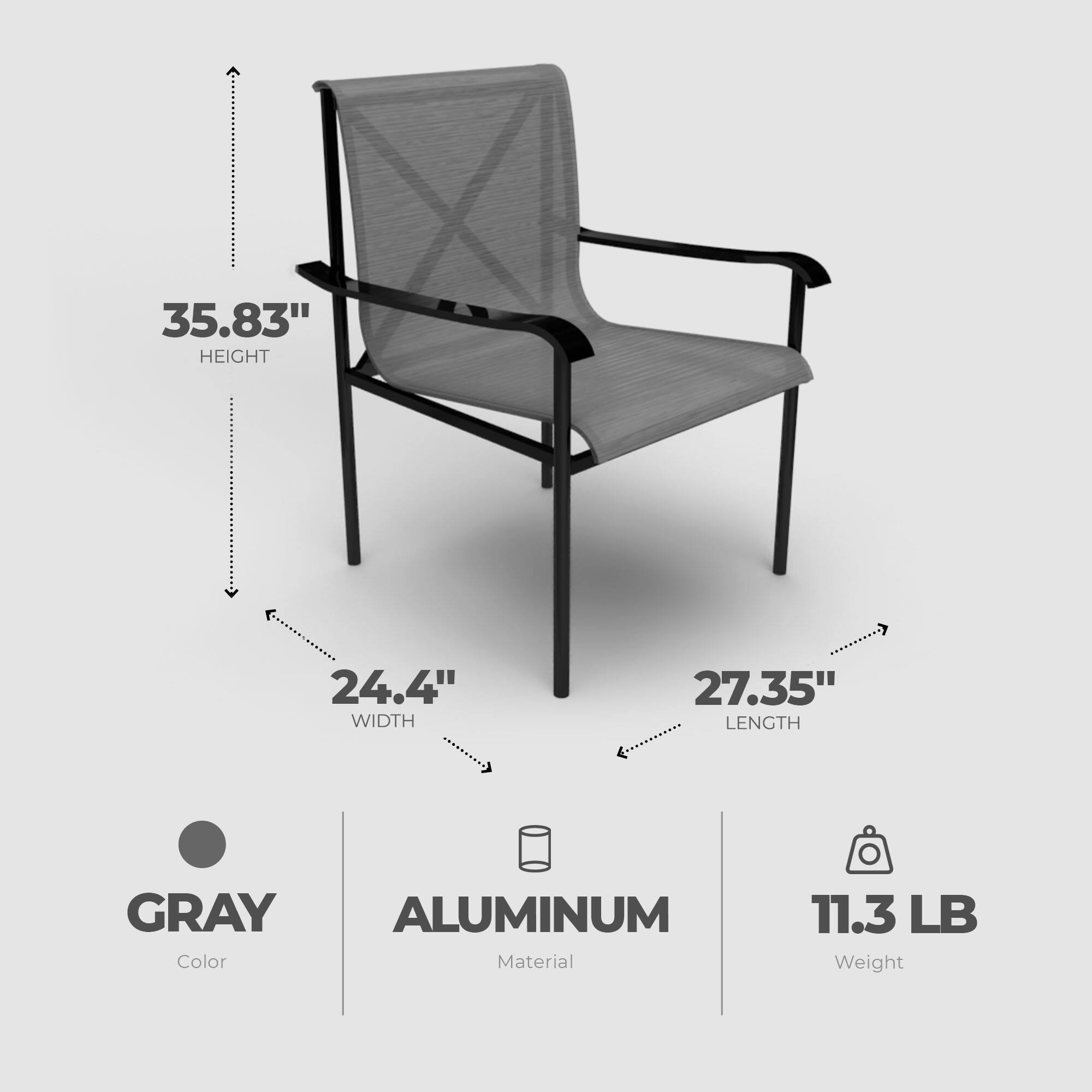 35.83" HEIGHT  
24.4" WIDTH  
27.35" LENGTH  
GRAY ALUMINUM  
11.3 LB Weight