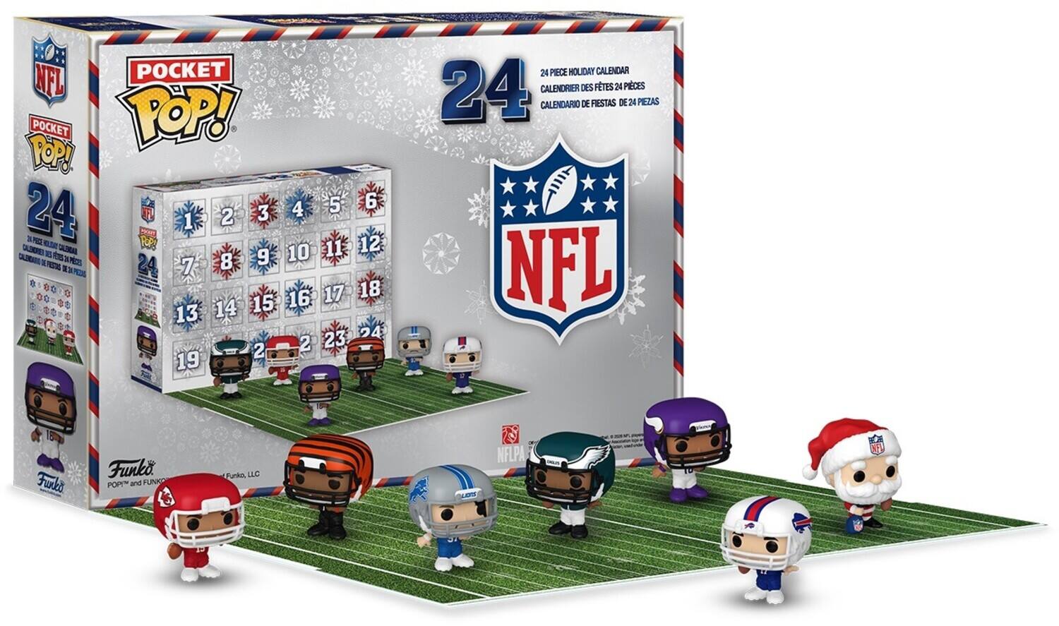 POCKET NFL POCKET POP! POP! 24  
24 PIECE HOLIDAY CALENDAR  
CALENDRIER DES FÊTES DE 24 PIÈCES  
CALENDARIO DE FIESTAS DE 24 PIEZAS  
NFL  
Funko POP! and FUNKO, LLC  
NFLPA