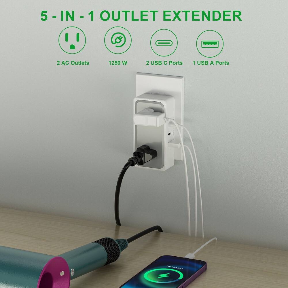 5-IN-1 OUTLET EXTENDER

2 AC Outlets  
1250 W  
2 USB C Ports  
1 USB A Ports