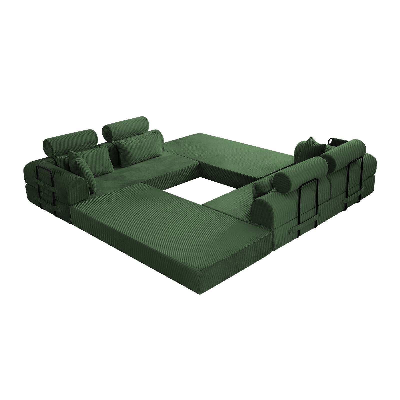Alt View 1. Anysun - L-Shape Corduroy Modular Sectional Sofa - Minimalist Compressed Design, Unfolds into Bed, Space-Efficient - Green.