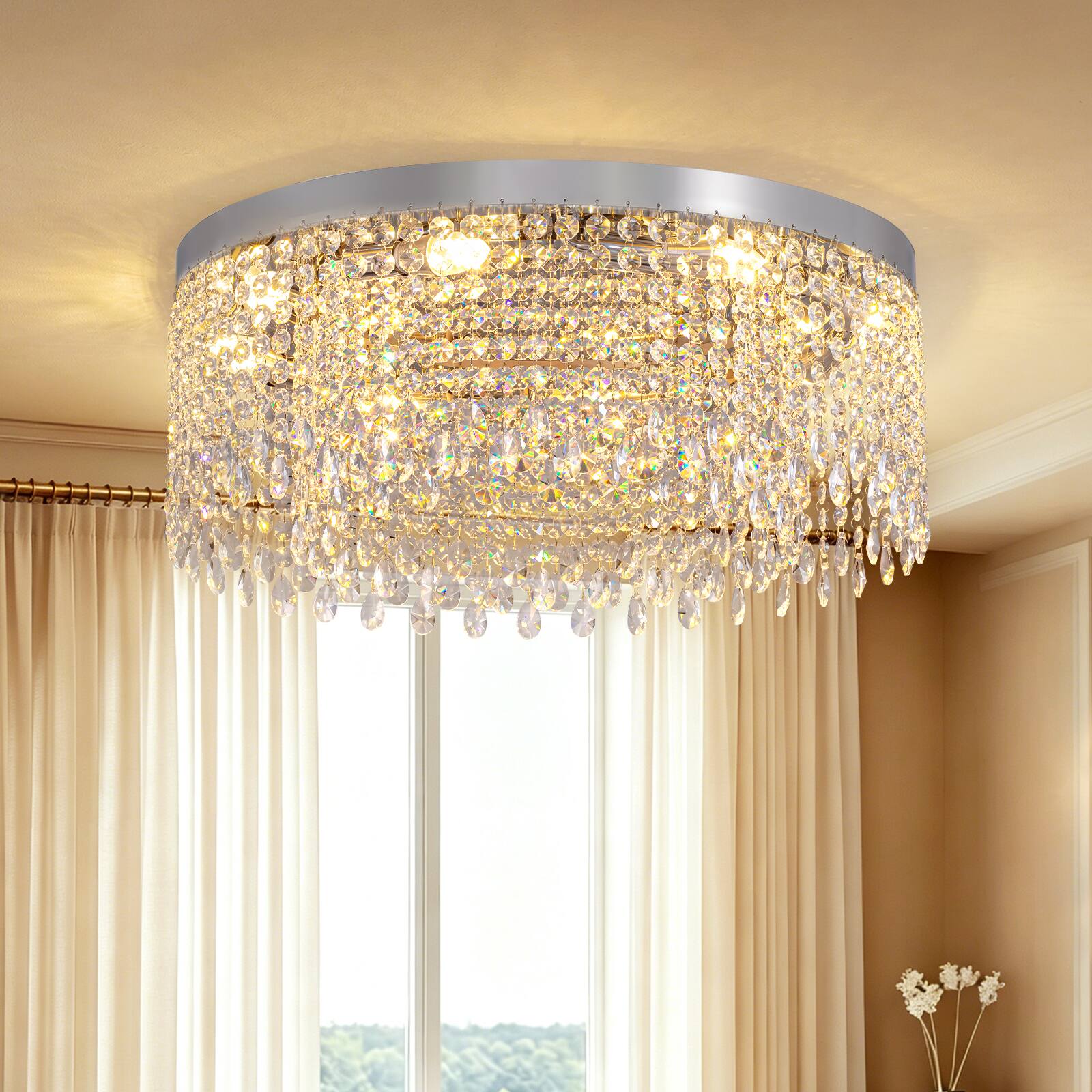 Angle. Siljoy - 24 Inch Round Gold Flush Mount Crystal Ceiling Light, Luxury Raindrop Crystal Chandelier for Living Room Bedroom - Gold.
