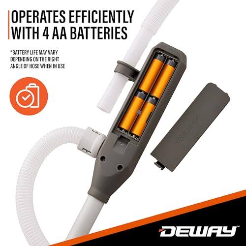 OPERATES EFFICIENTLY WITH 4 AA BATTERIES *BATTERY LIFE MAY VARY DEPENDING ON THE ANGLE OF HOSE WHEN IN USE DEWAY