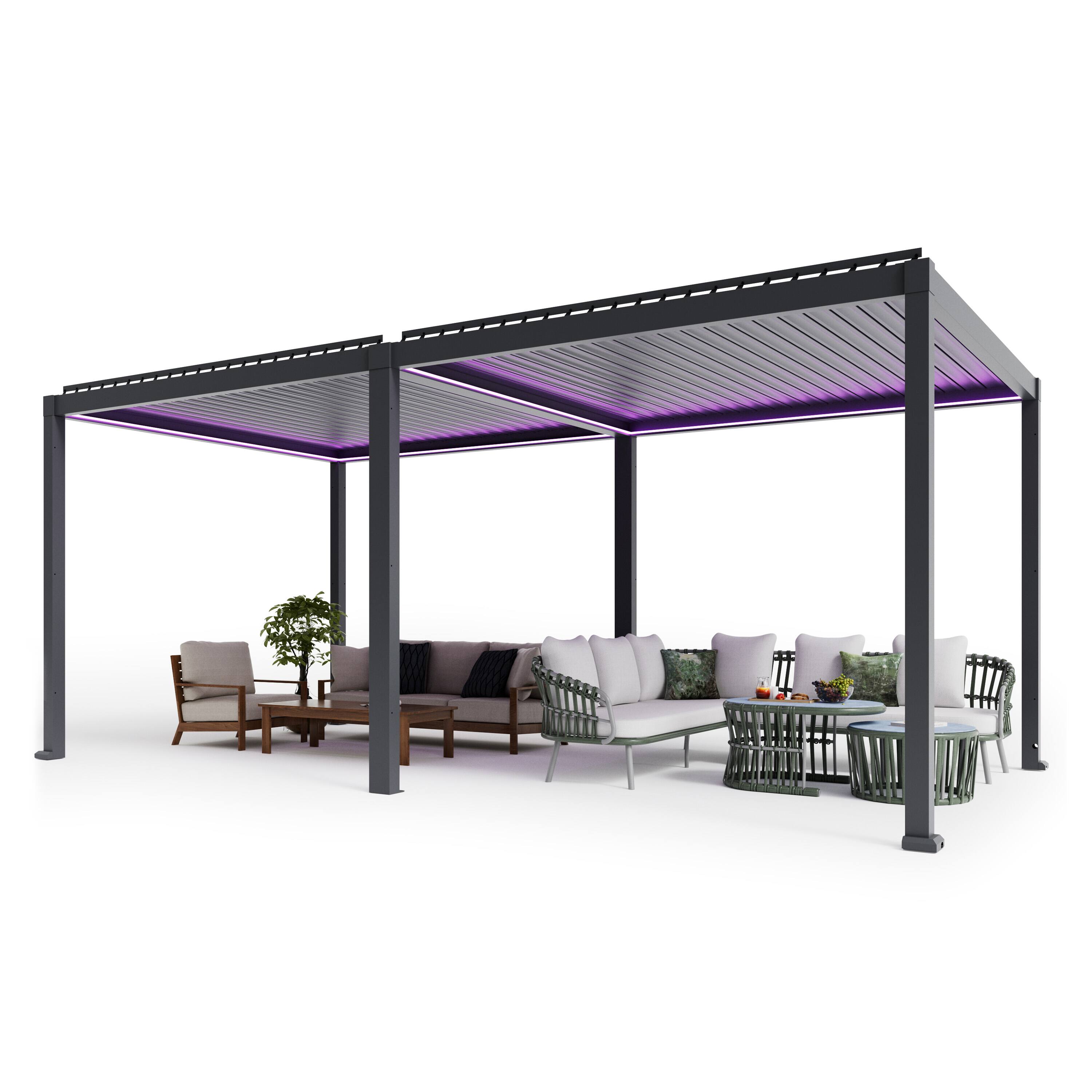 Left. Mondawe - 10x20FT Electric Aluminum Louver Pergola with Integrated LED Lights and Smart Solar Rain Sensor - Gray.