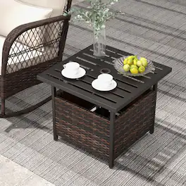 Mondawe - Outdoor Rattan Wicker Side Table w/ Umbrella Hole, Steel Frame Patio Deck Table with Storage Underneath - Dark Gray