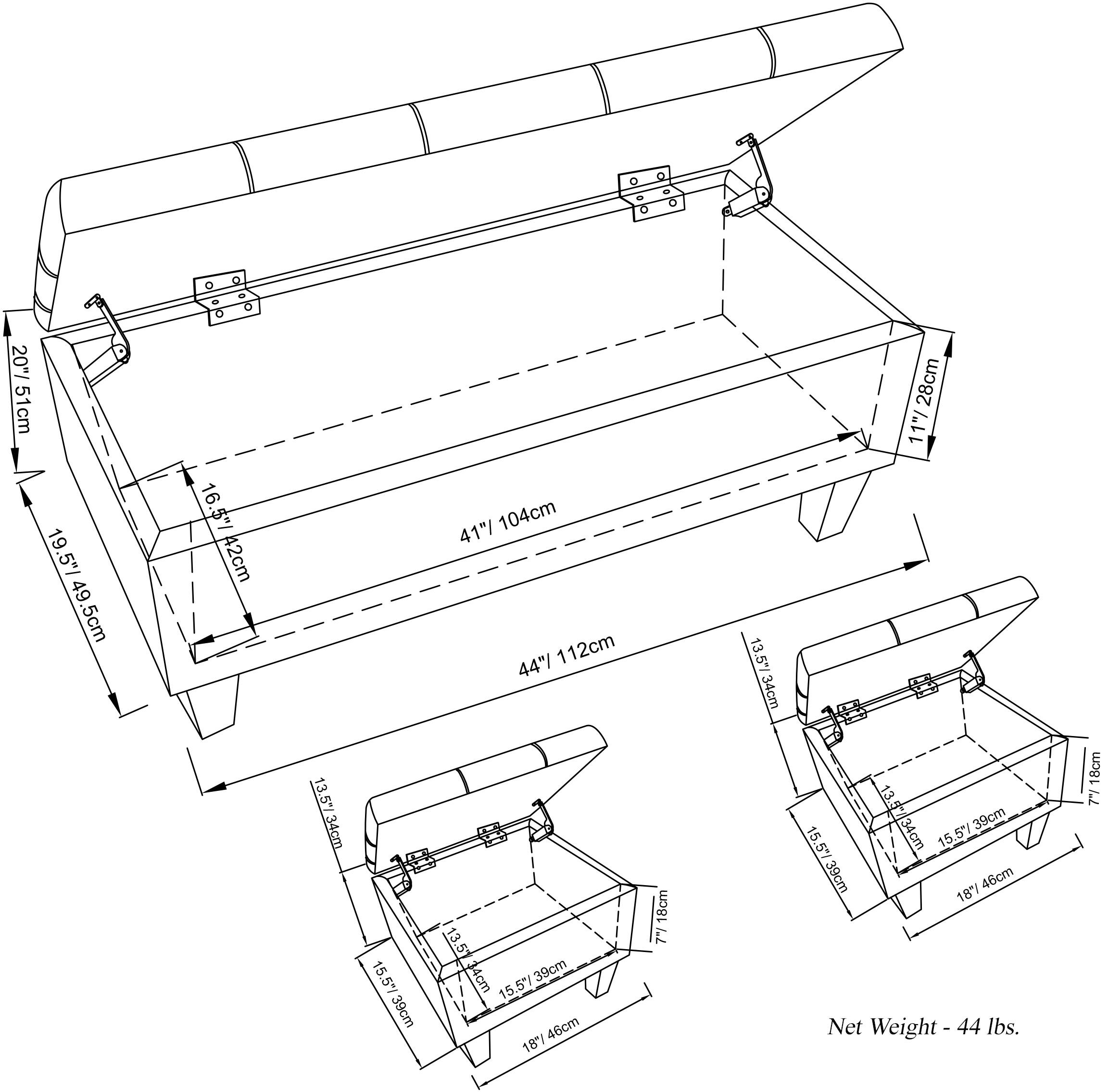 20" / 51cm  
19.5" / 49.5cm  
16.5" / 42cm  
41" / 104cm  
44" / 112cm  
13.5" / 34cm  
28cm  
11" / 28cm  
15.5" / 39cm  
13.5" / 34cm  
15.5" / 39cm  
18" / 46cm  
18cm  
7" / 18cm  
15.5" / 39cm  
34cm  
39cm  
15.5" / 39cm  
39cm  
18" / 46cm  
Net Weight - 44 lbs.