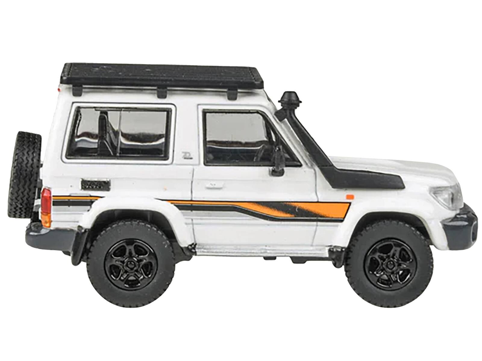 Angle. Paragon - 2023 Toyota Land Cruiser 71 White "70th Anniversary" with Stripes and Roofrack 1/64 Diecast Model Car by Paragon Models - White.