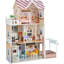 VEVOR - Wooden Dollhouse, 7 Rooms Modern Doll House Playset for Kids, DIY Pretend Dollhouse with 3 Levels, 7 Play Areas - Pink