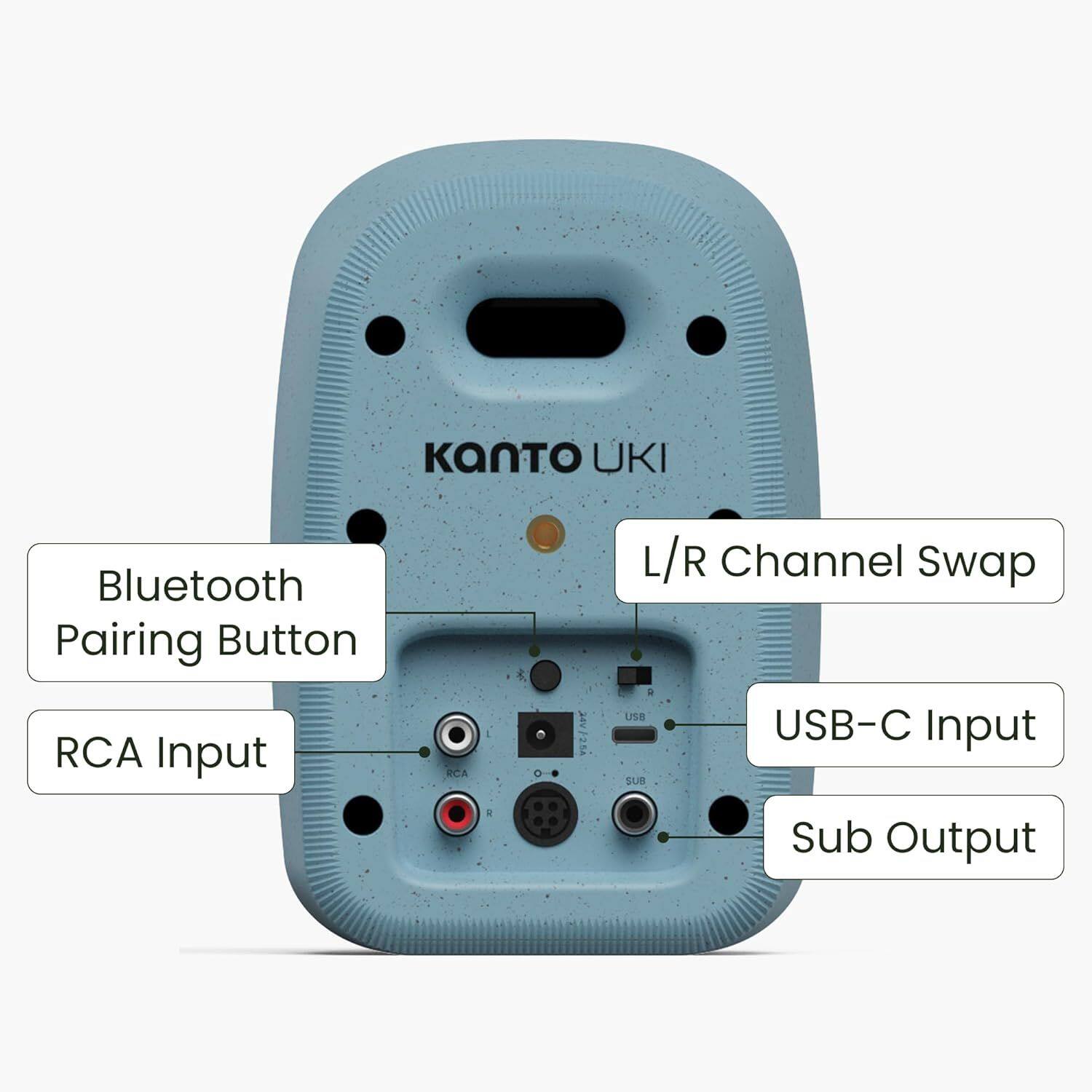 Kanto UKI Bluetooth Pairing Button RCA Input 24V/25A L/R Channel Swap USB-C Input Sub Output