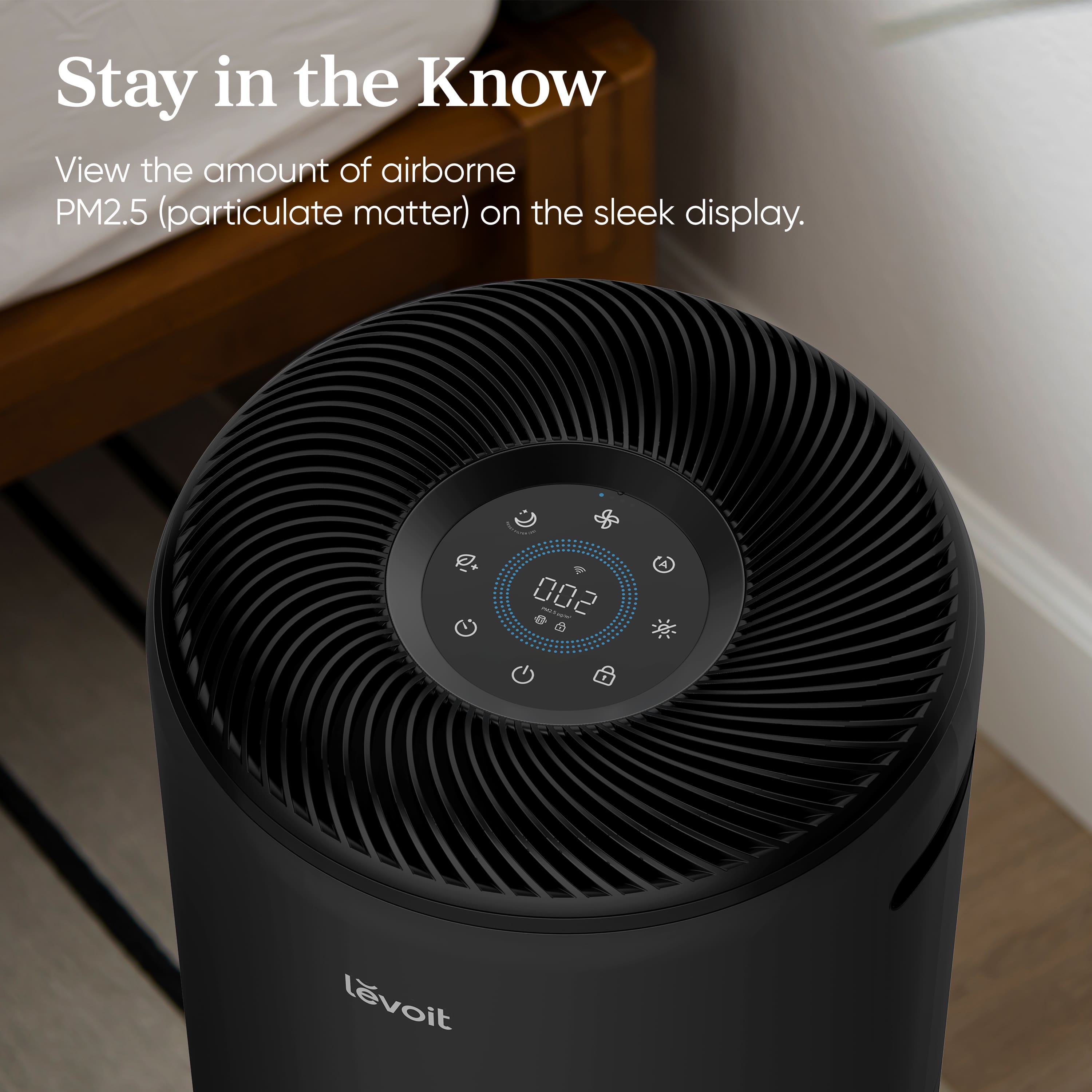 Stay in the Know: View the amount of airborne PM2.5 (particulate matter) on the sleek display. 500 - - Lvoit