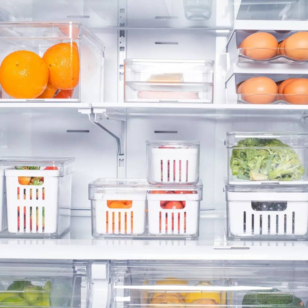 Alt View 6. OU - OU Fridge Organizer Bins with Drain Basket & Vented Lid, Clear Refrigerator Storage Bin, 4 Pack - Clear.