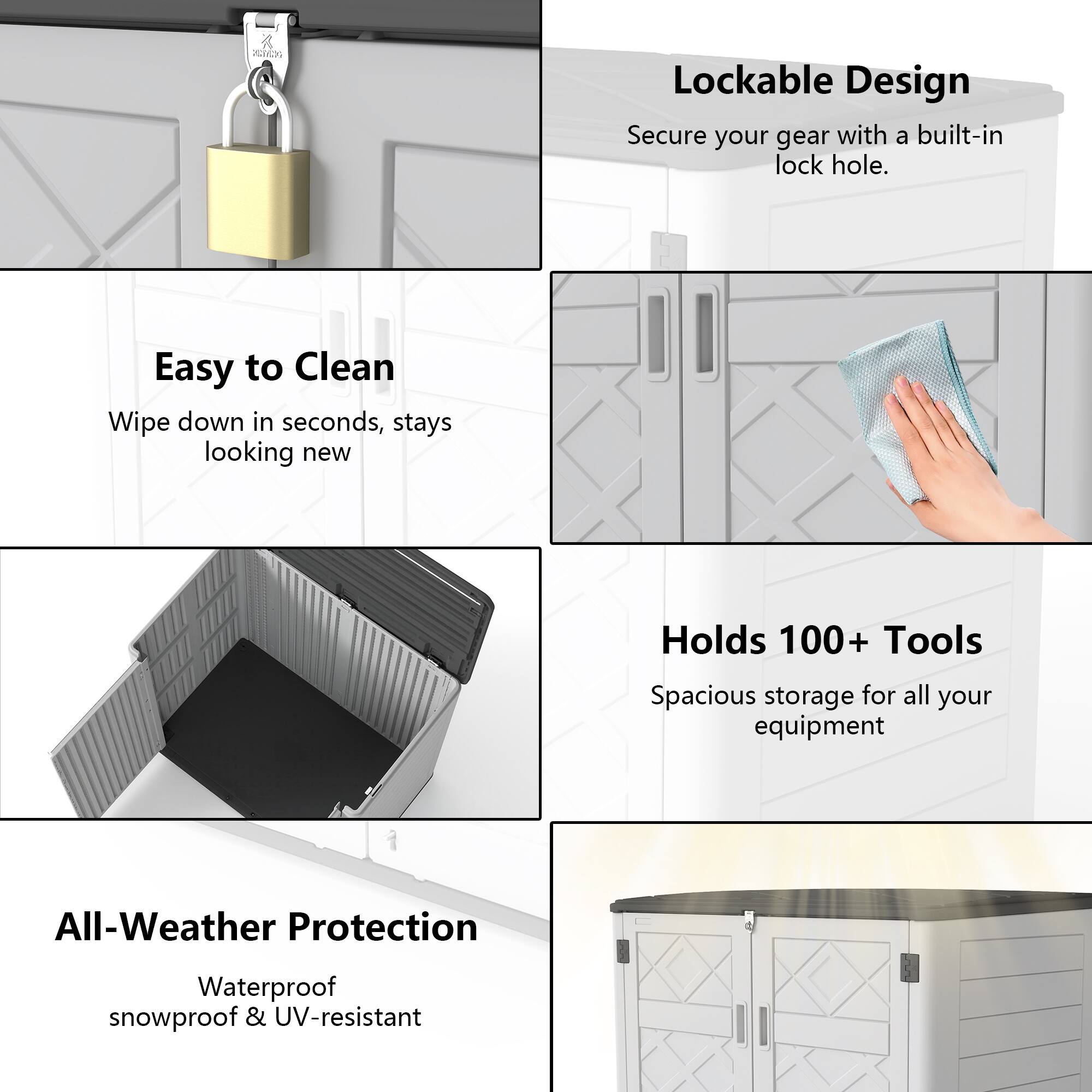 - Lockable Design
  - Secure your gear with a built-in lock hole.

- Easy to Clean
  - Wipe down in seconds, stays looking new

- Holds 100+ Tools
  - Spacious storage for all your equipment

- All-Weather Protection
  - Waterproof, snowproof & UV-resistant