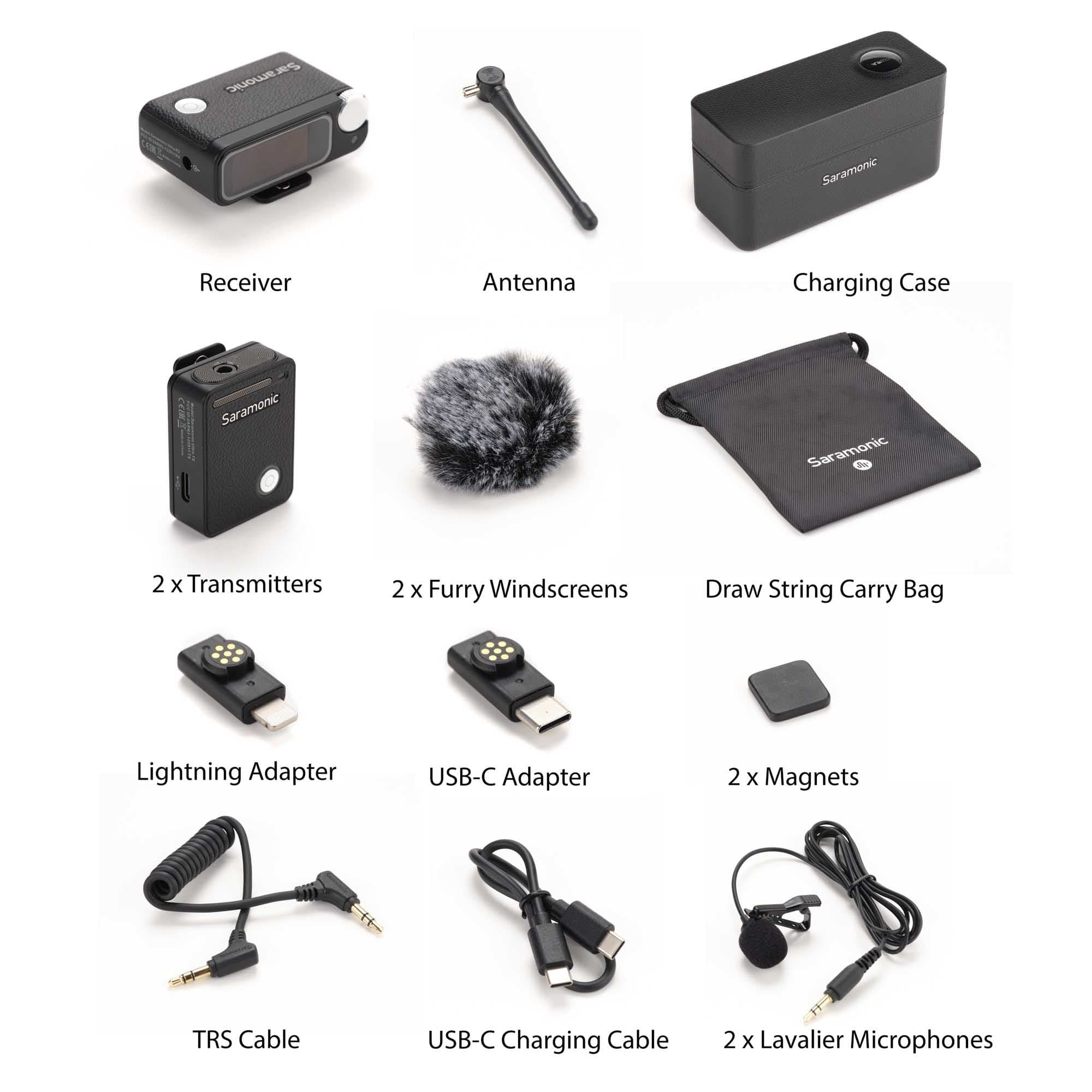 Group 1:
* Receiver Antenna
* Charging Case
* Lightning Adapter
* USB-C Adapter
* 2 x Magnets
Group 2:
* 2 x Transmitters
* 2 x Furry Windscreens
* Draw String Carry Bag
Group 3:
* 2 x Lavalier Microphones
* TRS Cable
* USB-C Charging Cable