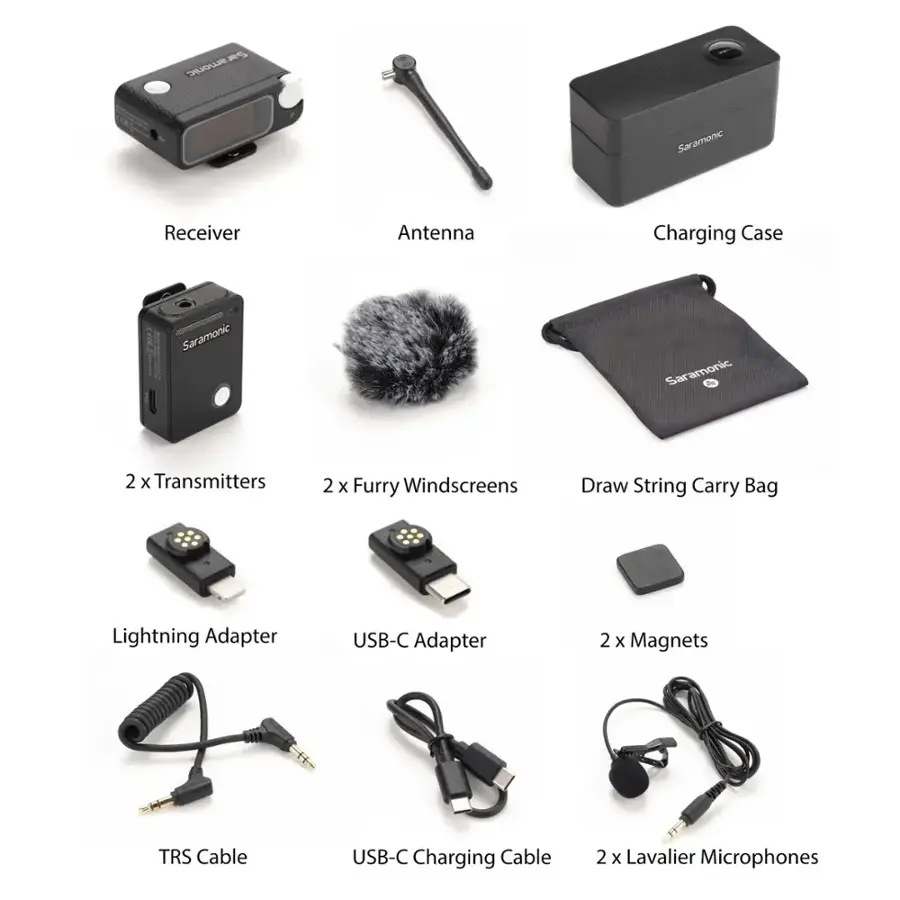 Group 1:

* Receiver Antenna
* Charging Case
* Lightning Adapter
* USB-C Adapter
* 2 x Magnets

Group 2:

* 2 x Transmitters
* 2 x Furry Windscreens
* Draw String Carry Bag

Group 3:

* 2 x Lavalier Microphones
* TRS Cable
* USB-C Charging Cable
