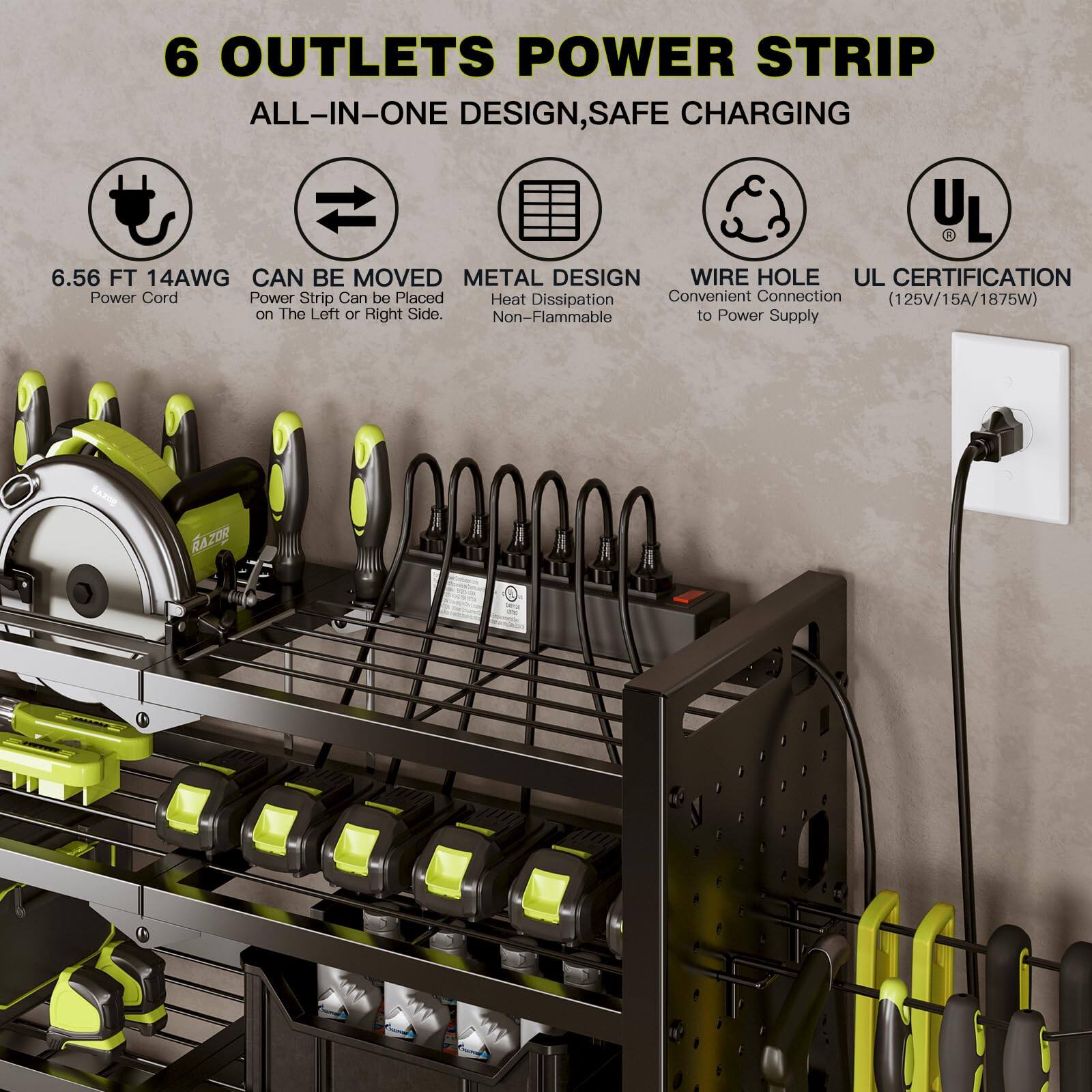 6 OUTLETS POWER STRIP  
ALL-IN-ONE DESIGN, SAFE CHARGING  

- 6.56 FT 14AWG Power Cord  
- CAN BE MOVED: Power Strip Can be Placed on The Left or Right Side.  
- METAL DESIGN: Heat Dissipation, Non-Flammable  
- WIRE HOLE: Convenient Connection to Power Supply  
- UL CERTIFICATION (125V/15A/1875W)  

SAZOR RAZOR