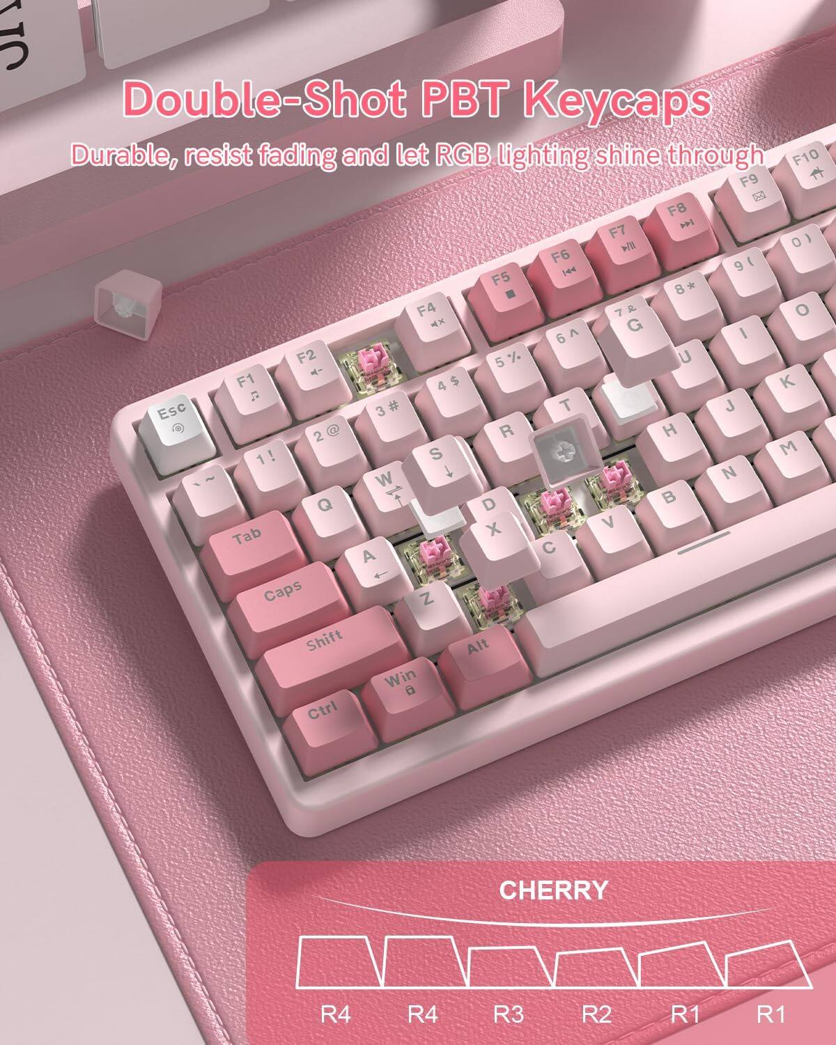 Double-Shot PBT Keycaps  
Durable, resist fading and let RGB lighting shine through  

F10 F9 F8 P F7 0 F6 E 5 9 F5 * 8 F4 7 7 o X G A 1 6 F2 5 % U - F1 4 $ K Esc 3 # T J O @ R H 2 ! S M 1! 1 ~ 1 N W Q 1 D B X V Tab A C Caps Z Shift Alt Win a Ctrl  

CHERRY  
R4 R4 R3 R2 R1 R1