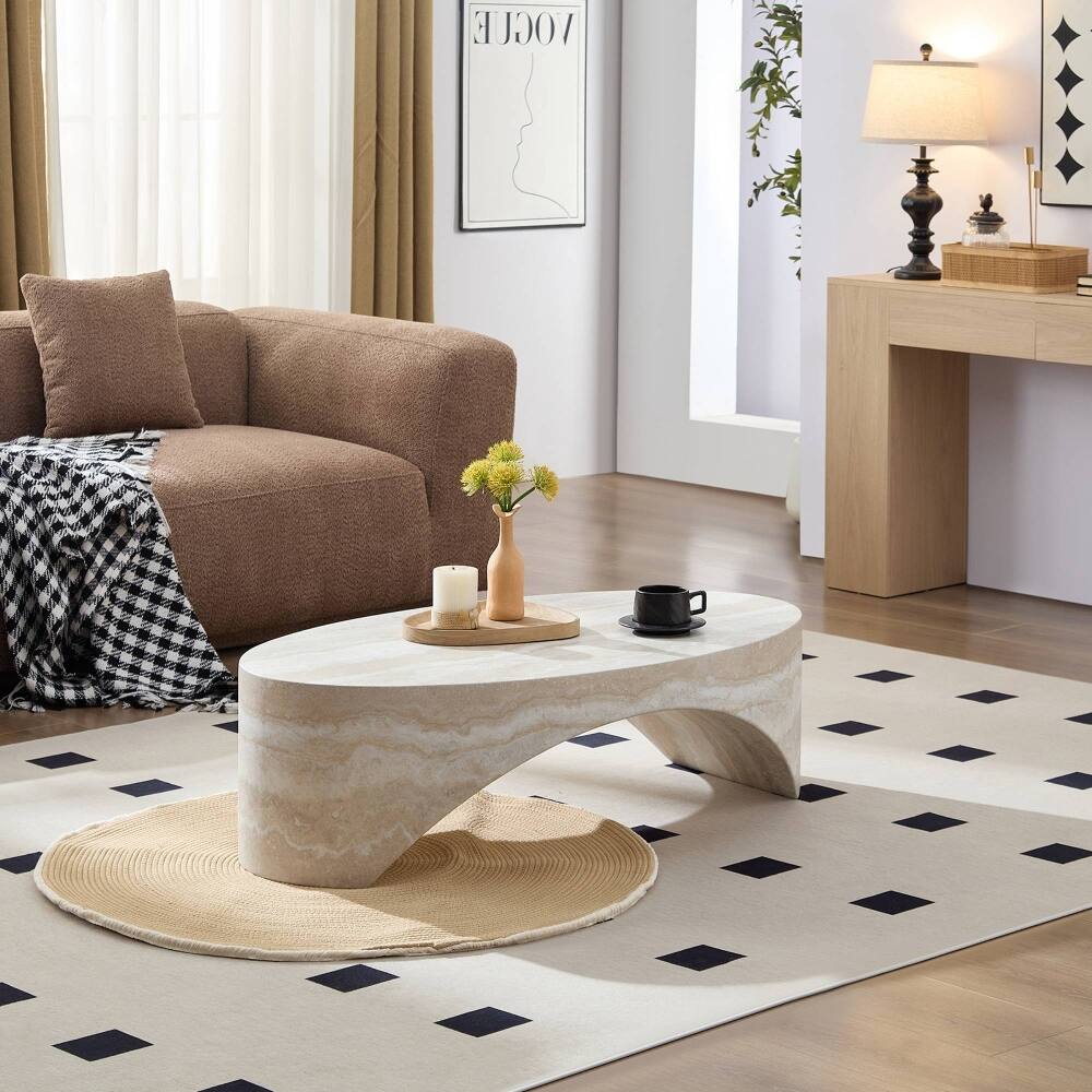 Back. Loheer - Loheer Oval Marble Coffee Table Curved Fiberglass Center Table - White.