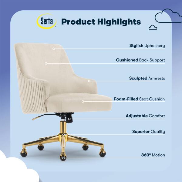 Serta Product Highlights: Stylish Upholstery, Cushioned Back Support, Sculpted Armrests, Foam-Filled Seat Cushion, Adjustable Comfort, Superior Quality, 360° Motion