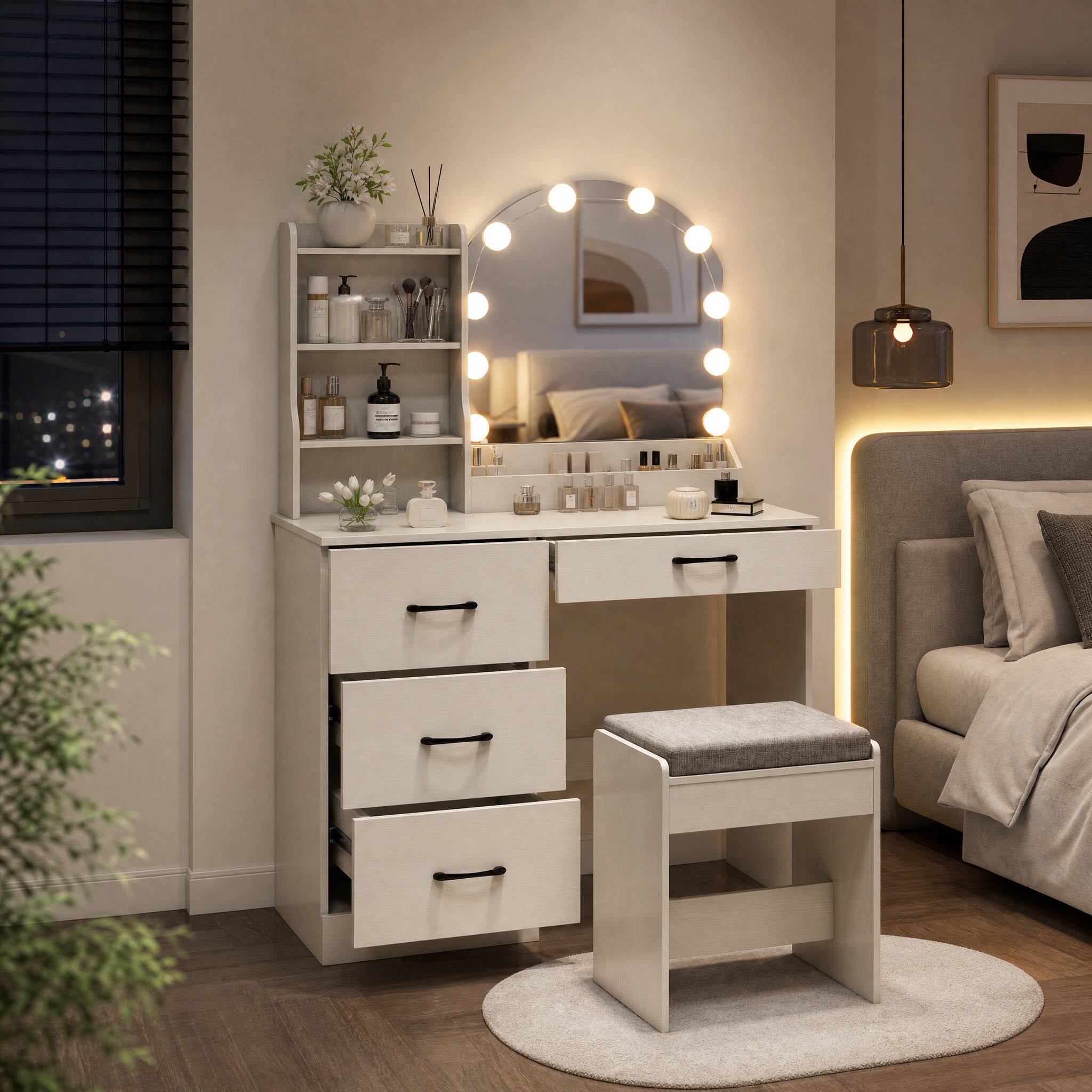 Angle. WELLFOR - Vanity Desk with Mirror and Lights, Dressing Table with Charging Station & 4 Drawers Makeup Vanity with Stool - White.