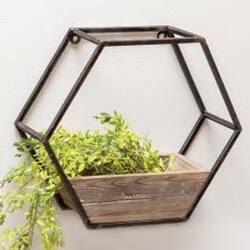 Angle. BreeBe - Wood & Metal Hexagon Wall Planter - Brown, Black.
