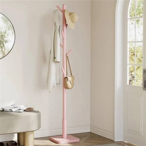 Angle. SlickBlue - Modern Solid Wood Hall Tree Coat Rack with Hat Stand for Home Organization - Pink.