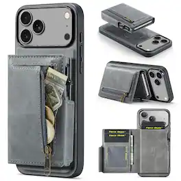 Dteck - 2-in-1 Magnetic Wallet Case for Apple iPhone 17 Pro,RFID PU Leather Shockproof Cover with Pop-Up Card Holder - Gray