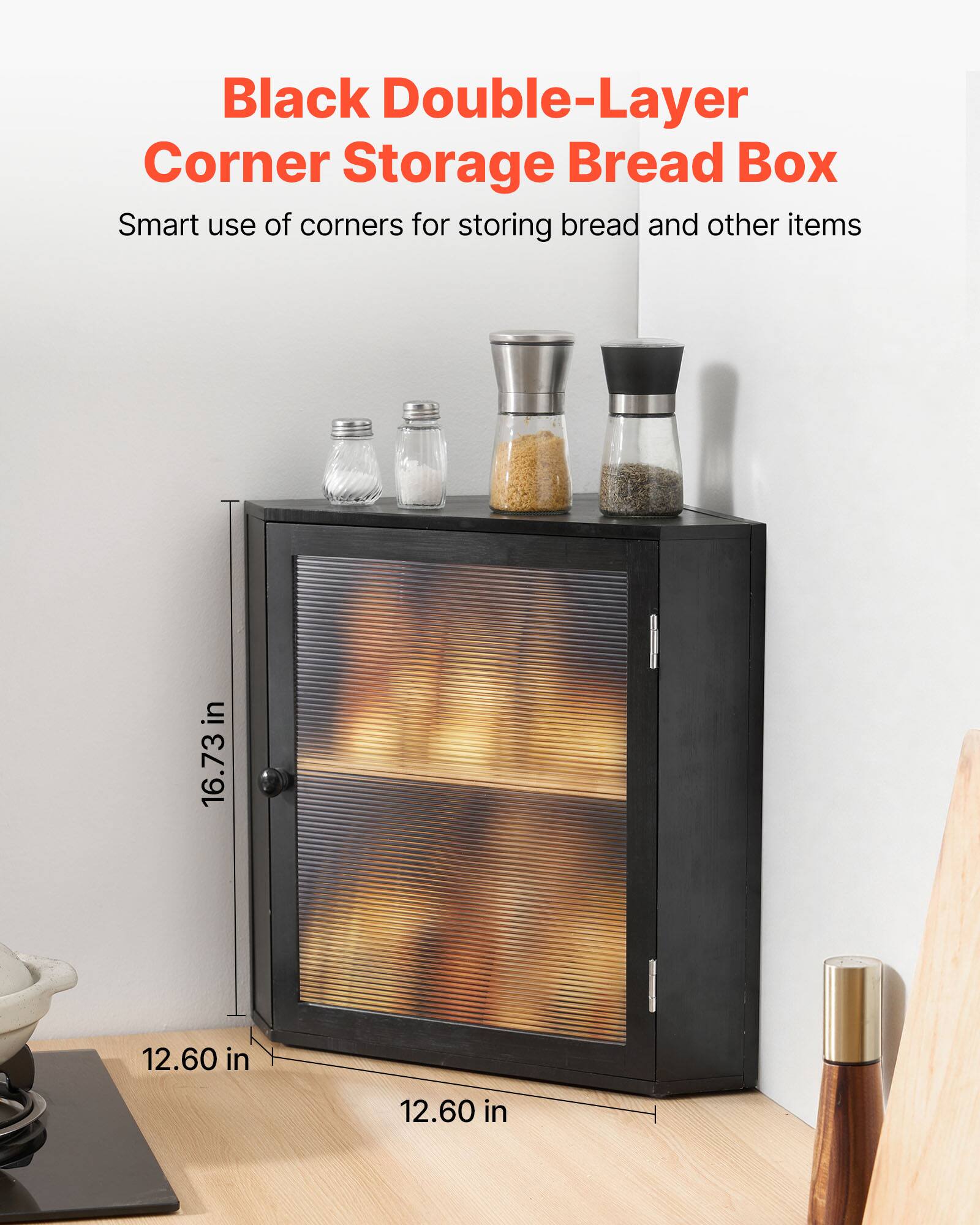 Black Double-Layer Corner Storage Bread Box: Smart use of corners for storing bread and other items. Dimensions: 16.73 in x 12.60 in x 12.60 in.