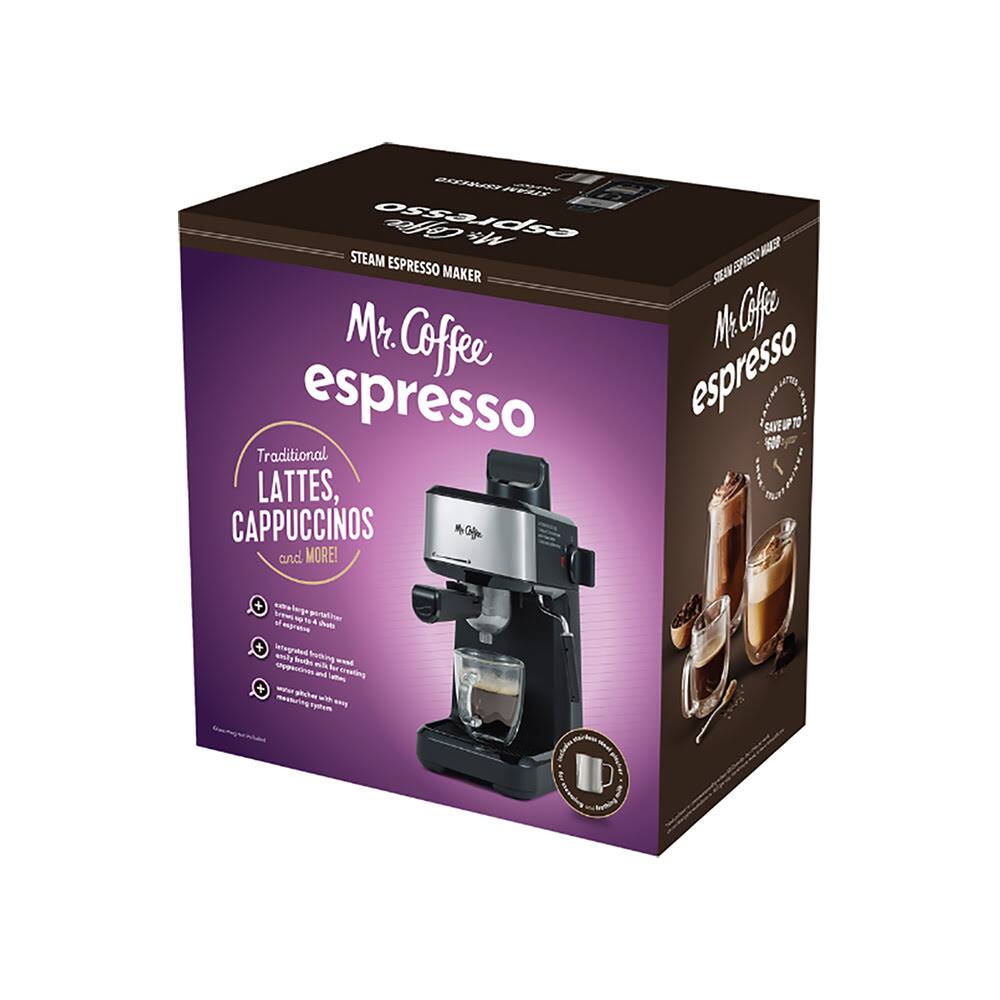 Mr. Coffee espresso STEAM ESPRESSO MAKER

Traditional LATTES, CAPPUCCINOS and MORE!

- Creates large, gourmet espresso shots
- Integrated milk frother with stainless steel pitcher
- Water pitcher with easy filling system
