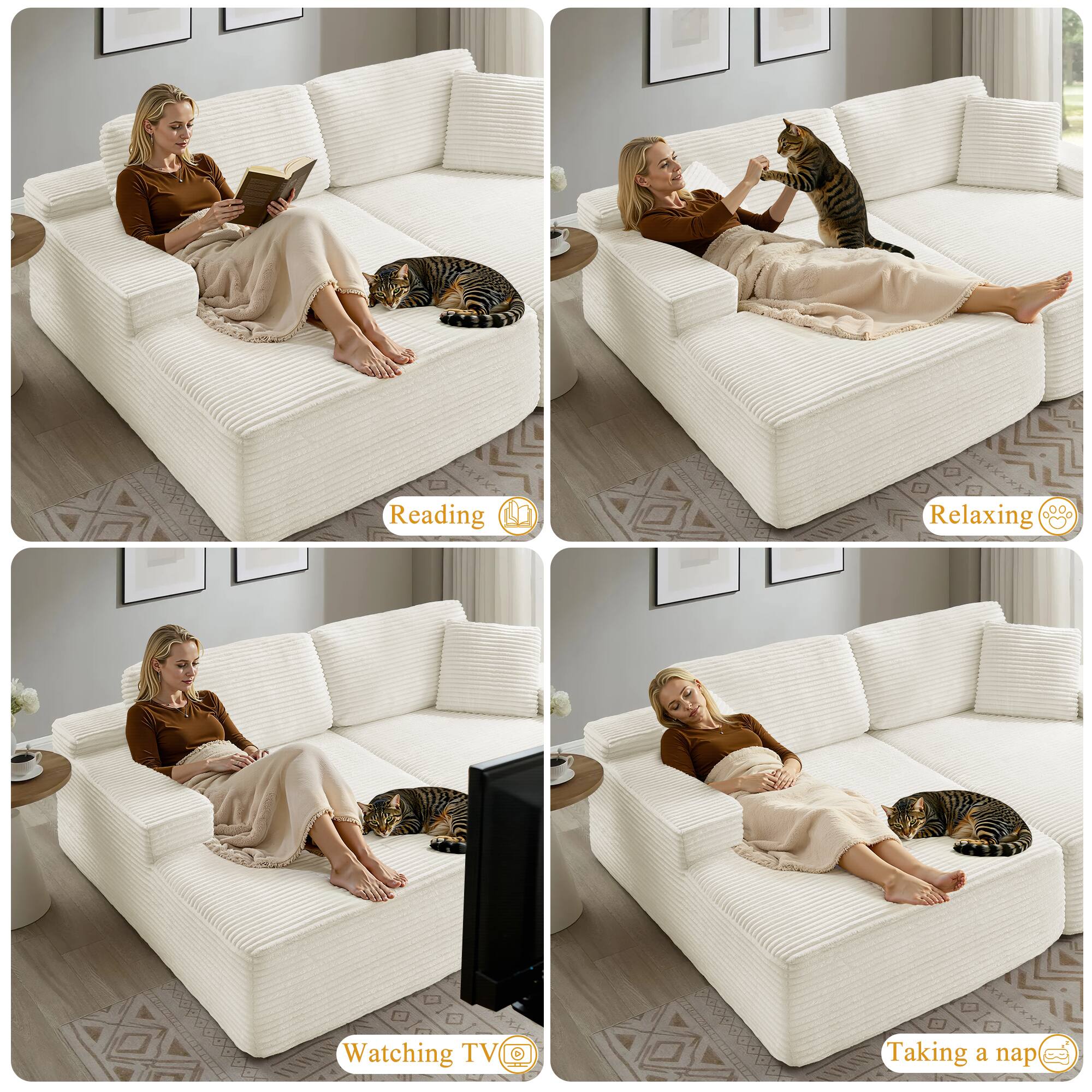 Back. Meqiodas - 89.3” Oversized Double Lounge Chaise,Cloud Plush Sofa Bed,Modern Corduroy Upholstered Boneless Cloud Sofa Deep Seat - Beige White.