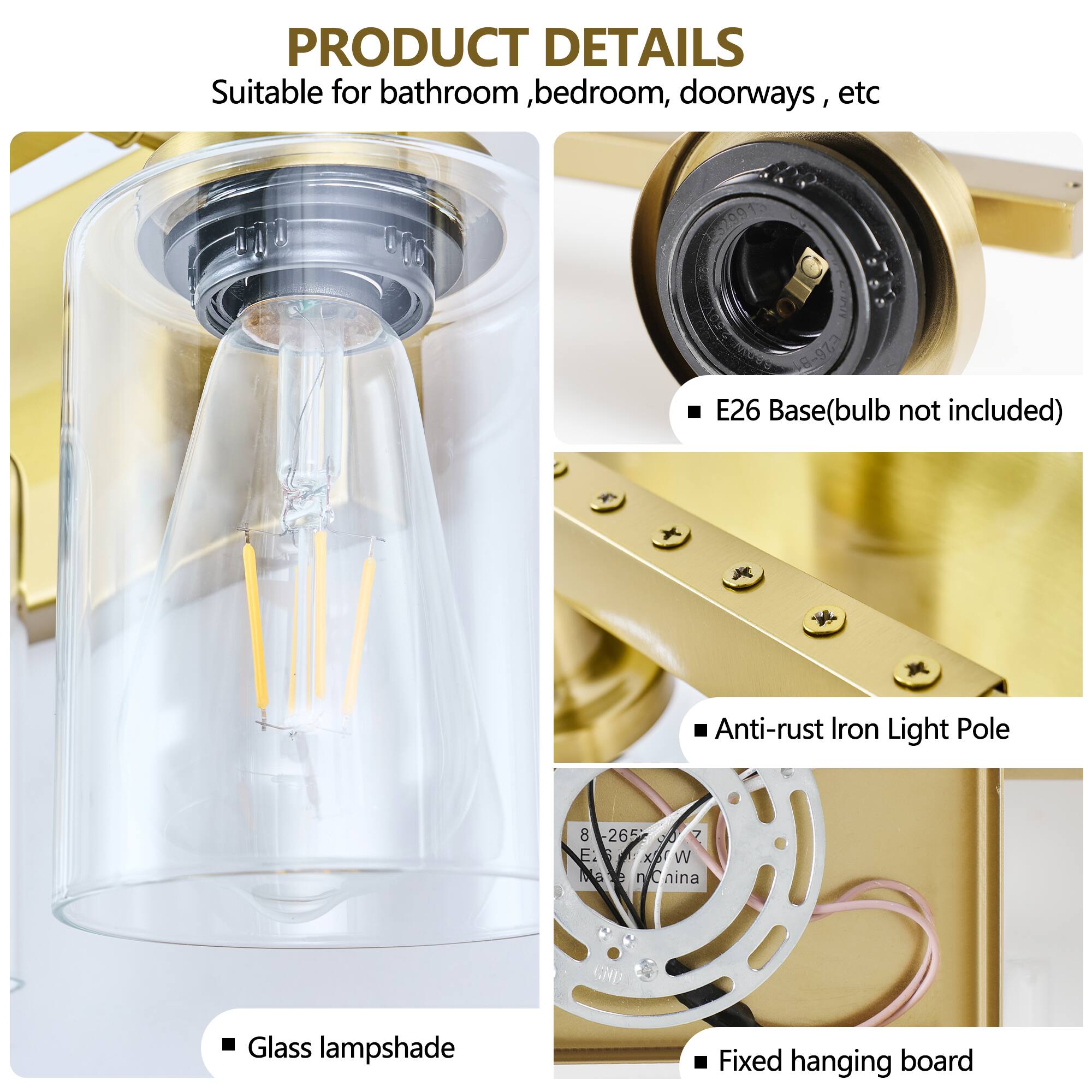 PRODUCT DETAILS  
Suitable for bathroom, bedroom, doorways, etc  

- E26 Base (bulb not included)  
- Anti-rust Iron Light Pole  
- Glass lampshade  
- Fixed hanging board