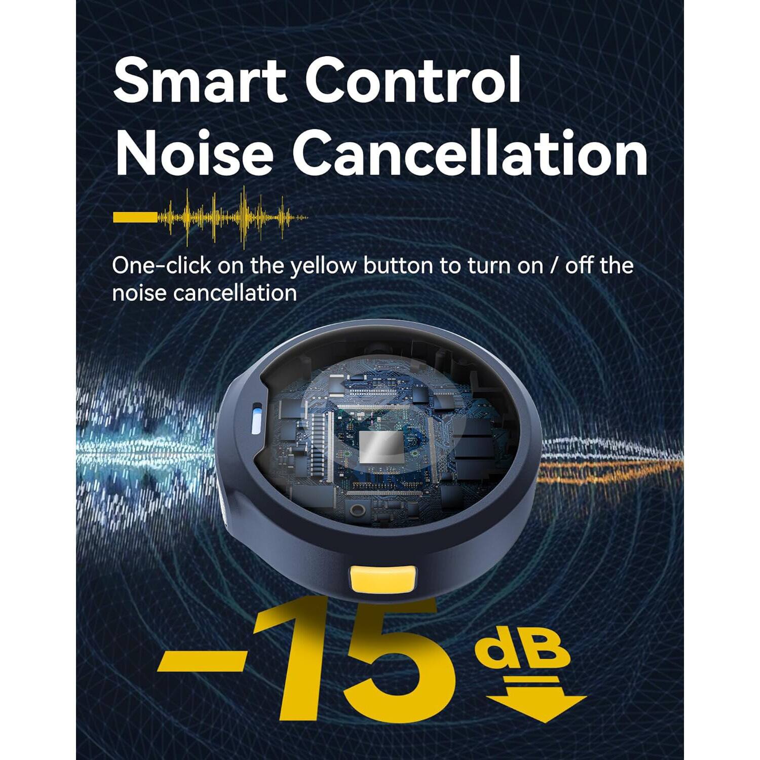 Smart Control Noise Cancellation
One-click on the yellow button to turn on / off the noise cancellation
-15 dB