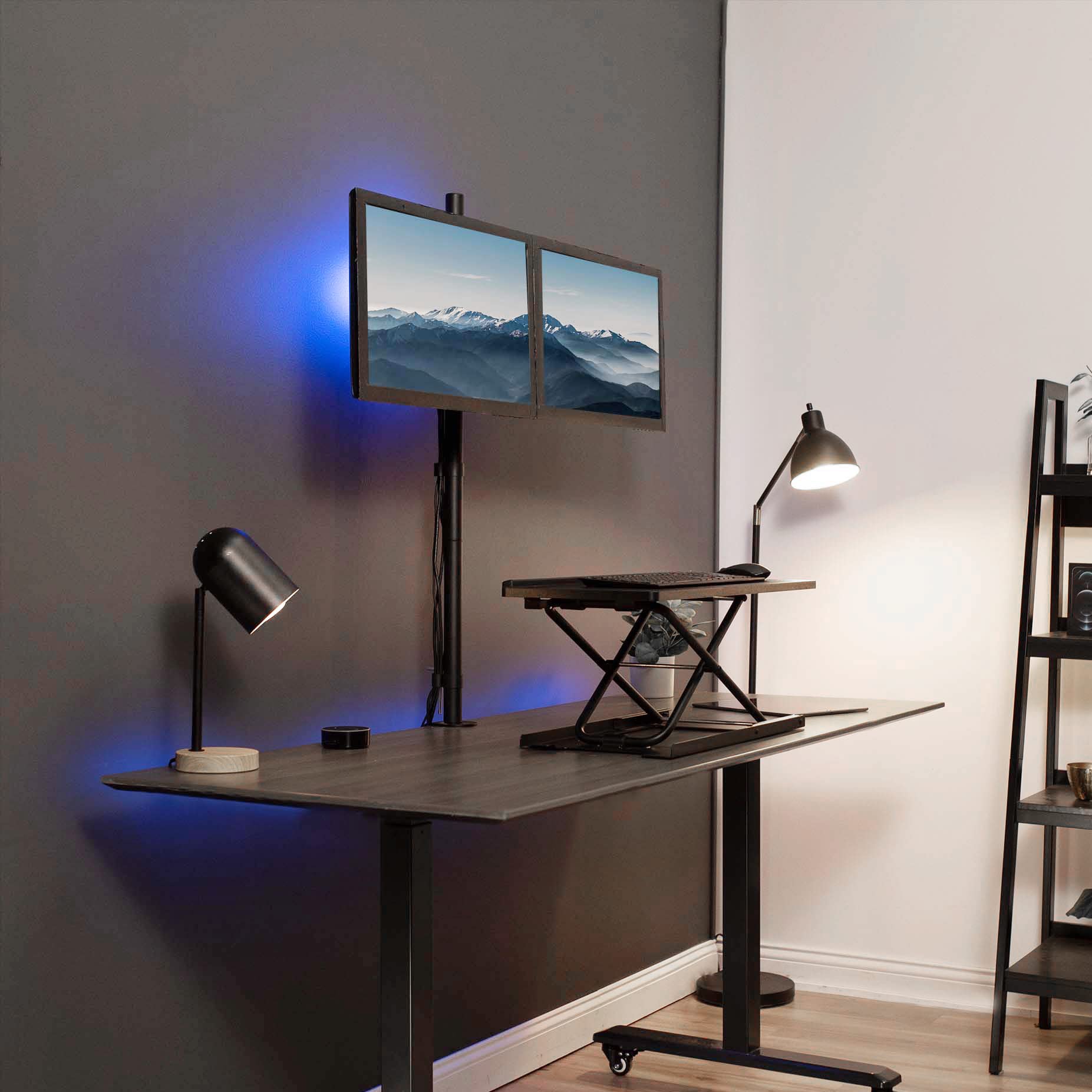 Left. Cedar Assembly - Dual Monitor Stand Up Desk Mount Extra Tall Pole Fully Adjustable For To 27 Screens - Black 13" - 32" screens.