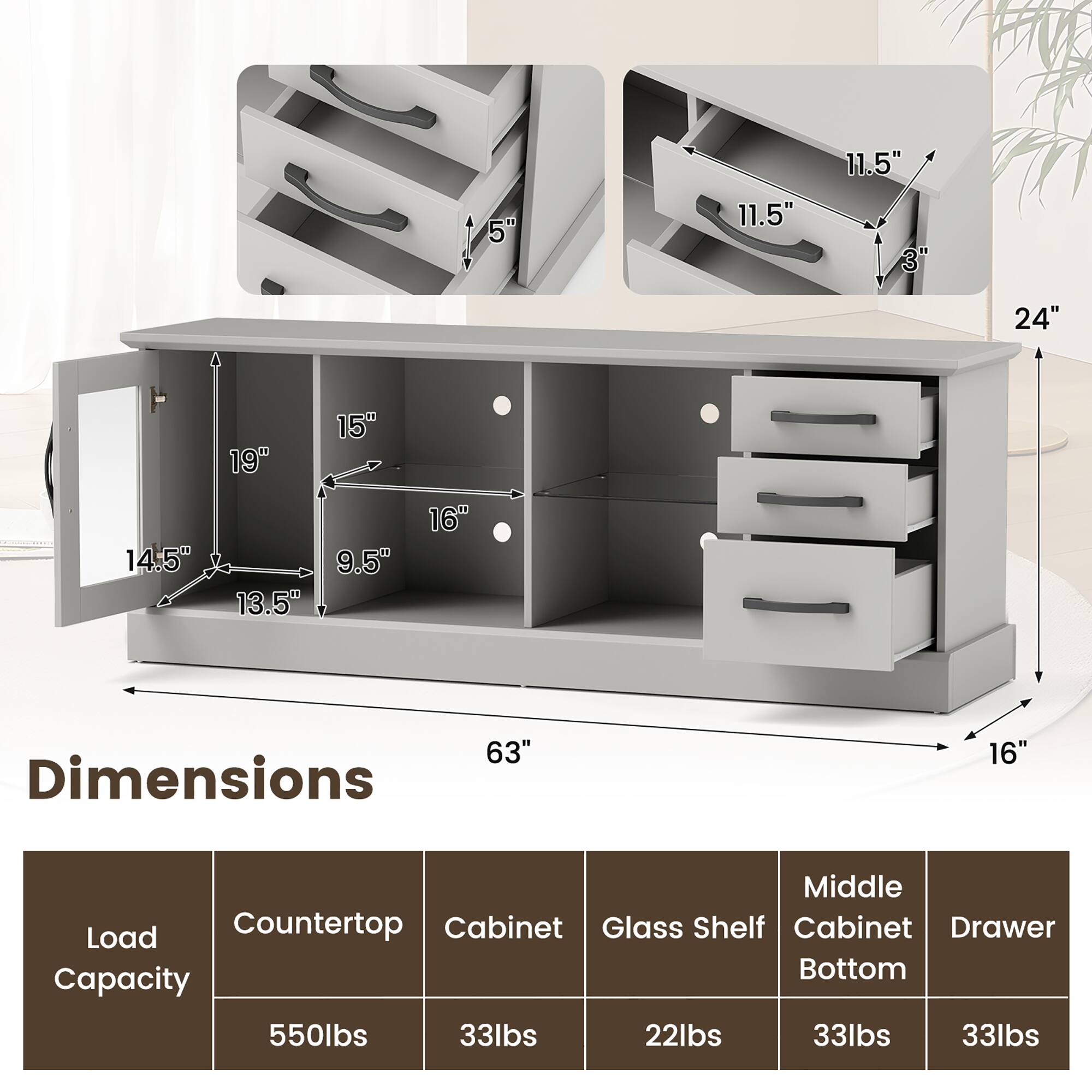 Dimensions: 63" x 16" x 19" x 14.5" x 13.5" x 9.5" x 15" x 11.5" x 11.5" x 3"

Load Capacity: 550lbs (Countertop), 33lbs (Cabinet), 22lbs (Glass Shelf), 33lbs (Middle Cabinet), 33lbs (Drawer Bottom)