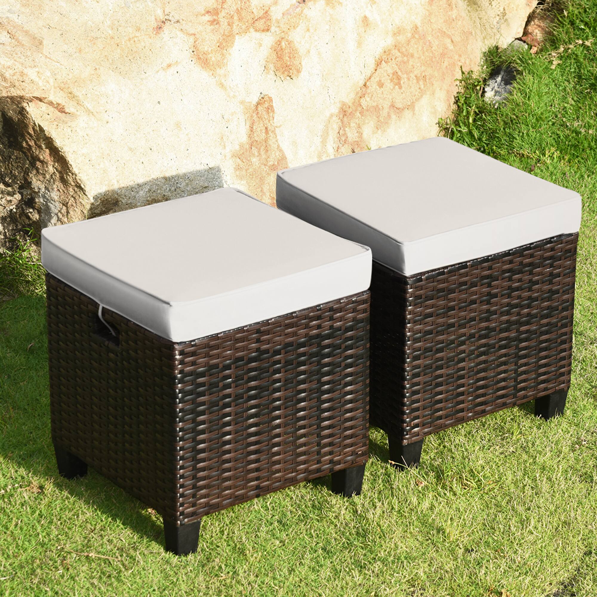 Gymax - Set of 2 Patio Wicker Rattan Ottoman Footrest Garden Outdoor w/ Cushion - Brown