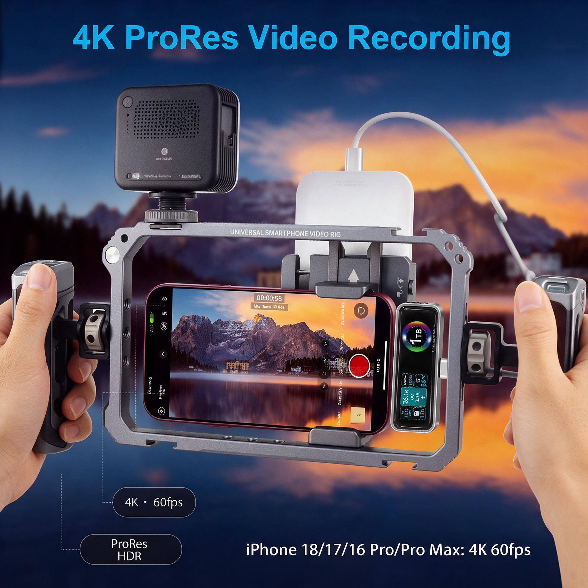 4K ProRes Video Recording

2000

UNIVERSAL SMARTPHONE VIDEO RIG

60 IC

00:00:58 No Taylor 0 505

SECREE C-FERAD BWOOD

U-SEO

1TB wool g 26.1w ZZA 100 EN

4K

60fps

ProRes HDR

iPhone 18/17/16 Pro/Pro Max: 4K 60fps