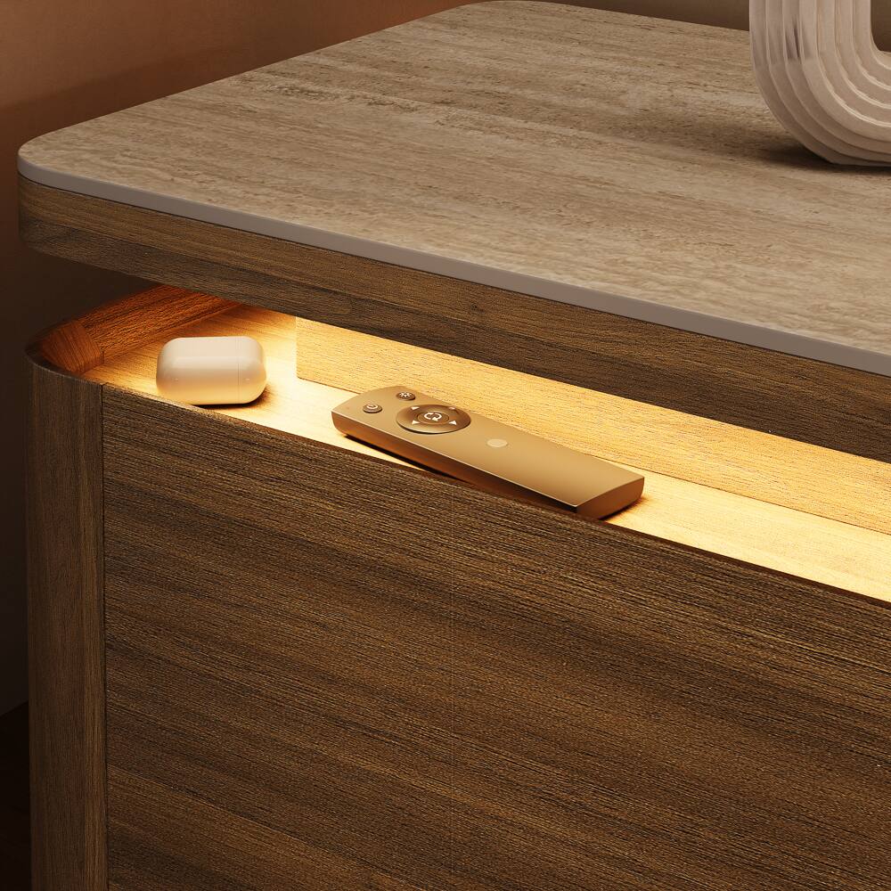 Back. POVISON - 79" Fully Assembled Walnut Matte Sintered Stone Mid-Century TV Stand with LED Lights and Drawers for 65 to 75 In TVs - Walnut Color MDF.