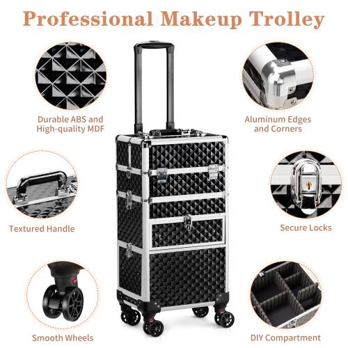 Professional Makeup Trolley

- Durable ABS and High-quality MDF
- Aluminum Edges and Corners
- Textured Handle
- Secure Locks
- Smooth Wheels
- DIY Compartment