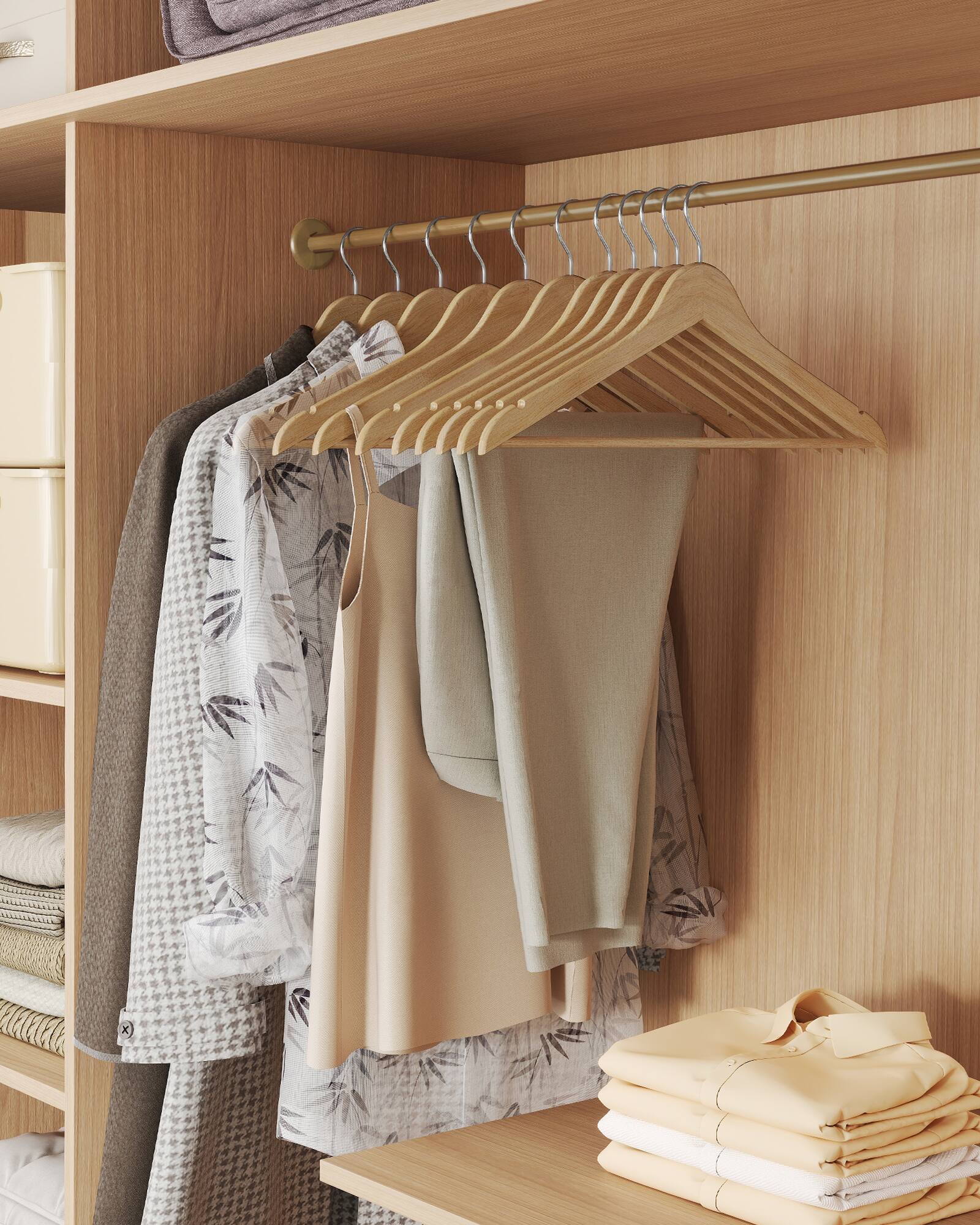 Angle. Songmics Home - Wooden Hangers, Pack of 30, Coat Hangers, Pants Bar, 360° Swivel Hooks, Solid Birch Wood, for Jackets, Shirts, Coats - Natural Beige.
